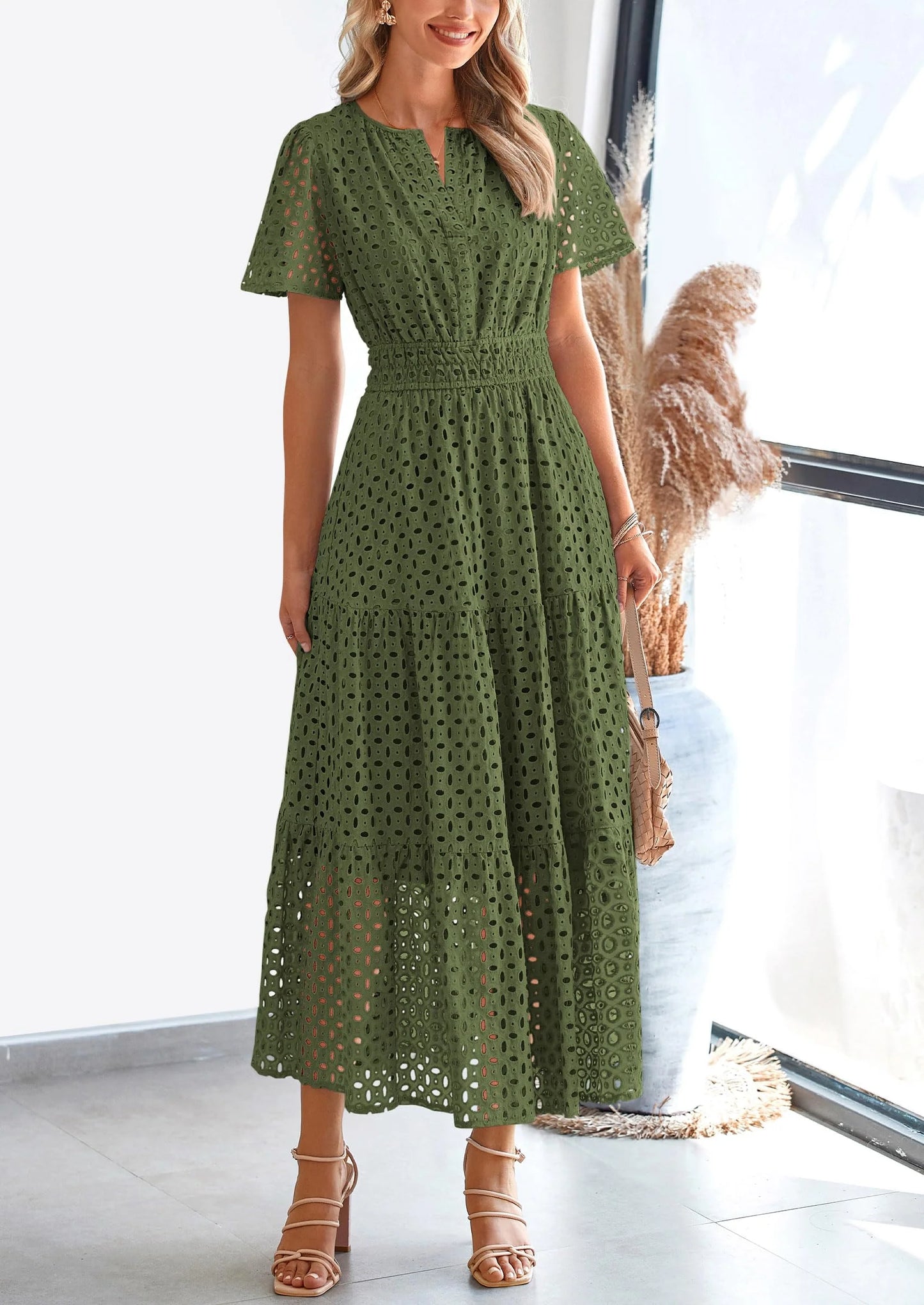 Womens Maxi Dress Short Sleeve V Neck Hollow Out Eyelet A Line Long Flowy Beach Vacation Dresses