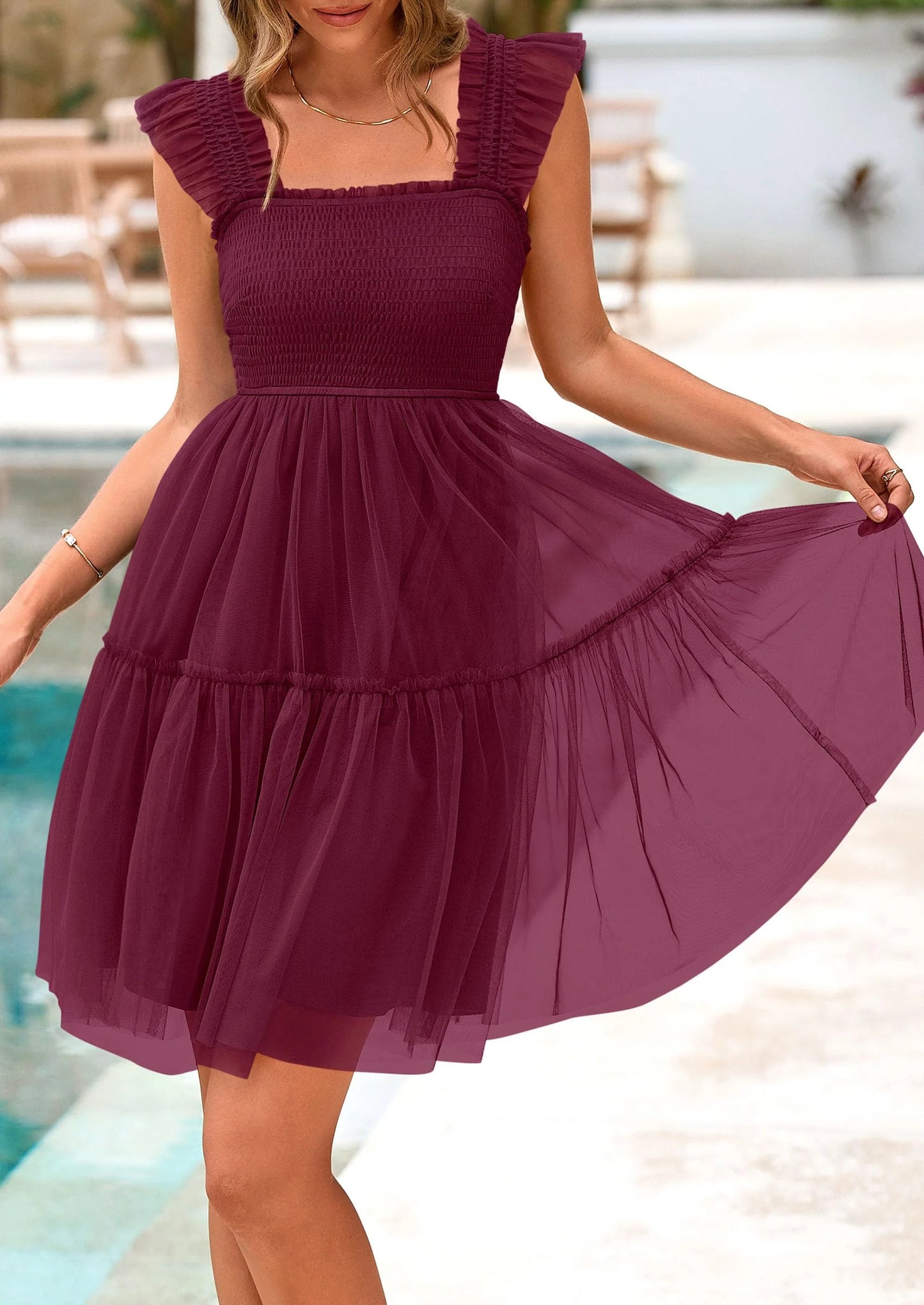 Womens Trendy Mini Summer Dresses Sleeveless Tulle Ruffle Square Neck Tiered Smocked Beach Vacation Dress