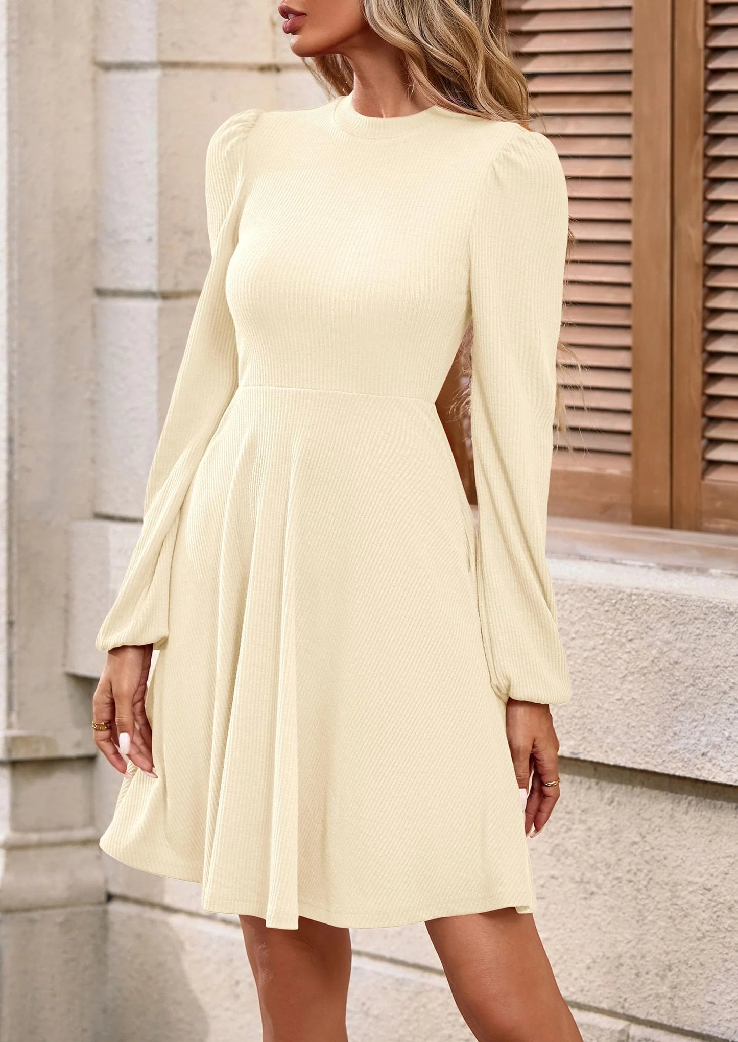 Womens Long Sleeve Mini Dress Fall Crewneck Ribbed Knit Soft A Line Flowy Casual Short Dresses with Pockets