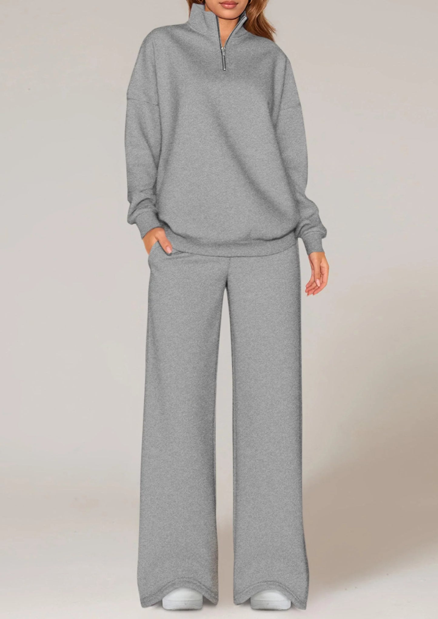 Womens Casual Two Piece Sets Fall Outfits Quarter Zip Sweatshirts Straight Leg Pants Sweatsuits Tracksuit