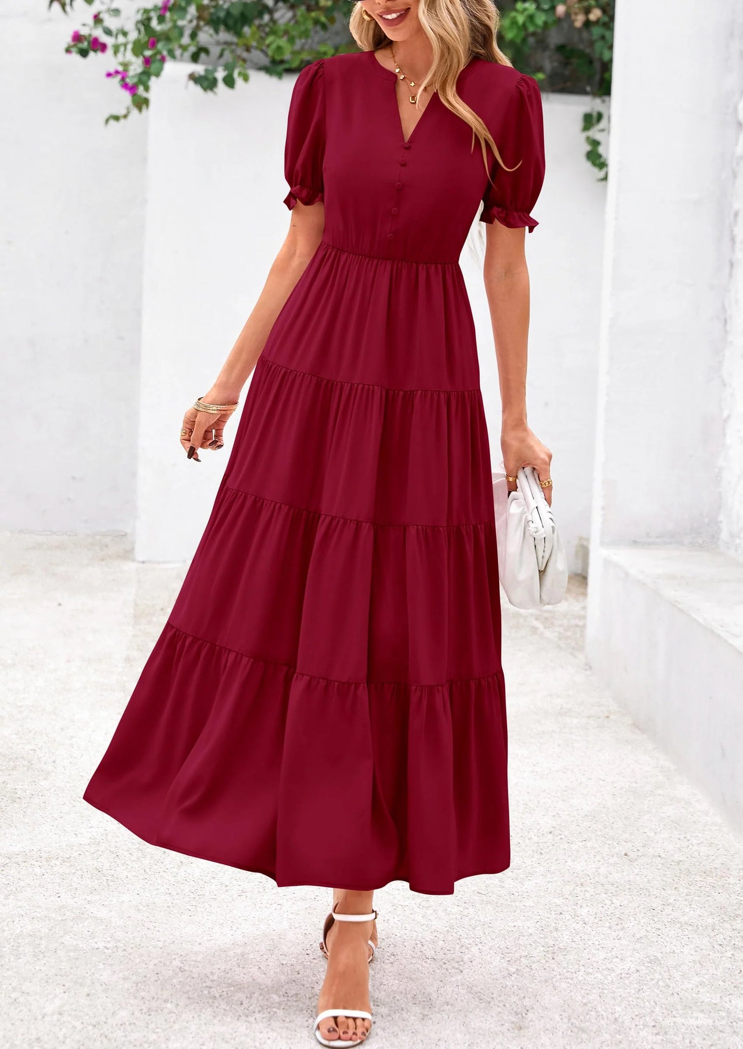 Women's Casual Short Sleeve V Neck Midi Dresses Spring A-line Tiered Wedding Guest Dress