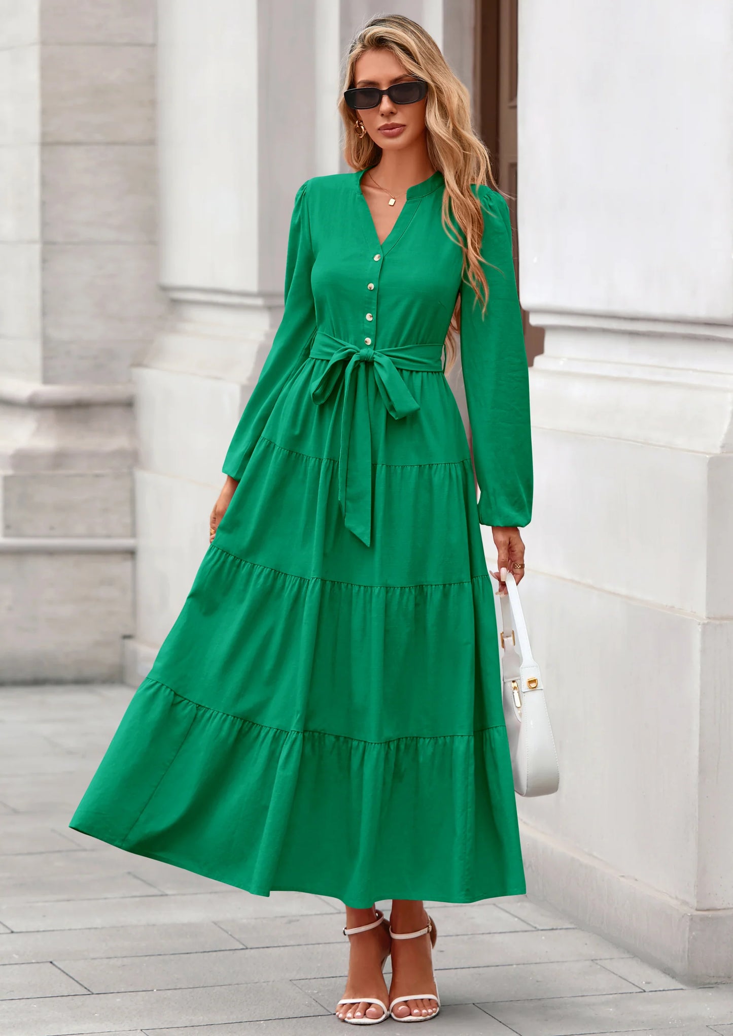Fall Dresses for Women Long Sleeve V Neck Belted Ruffle A Line Flowy Boho Maxi Wedding Guest Dress Pockets