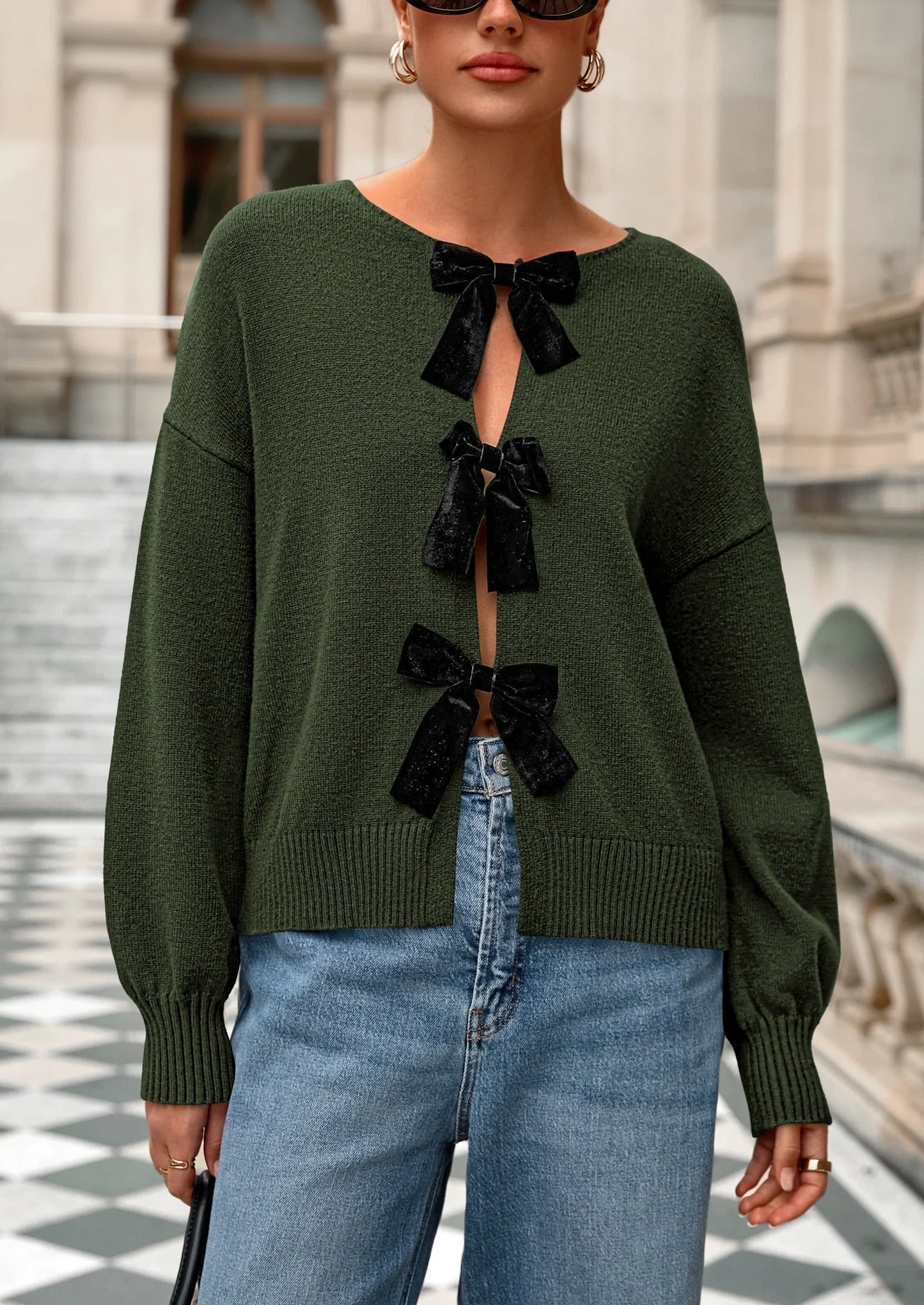 Cardigan Sweaters for Women Fall Bow Tie Front Long Sleeve Knit Sweater Tops Cute Going Out Outfits