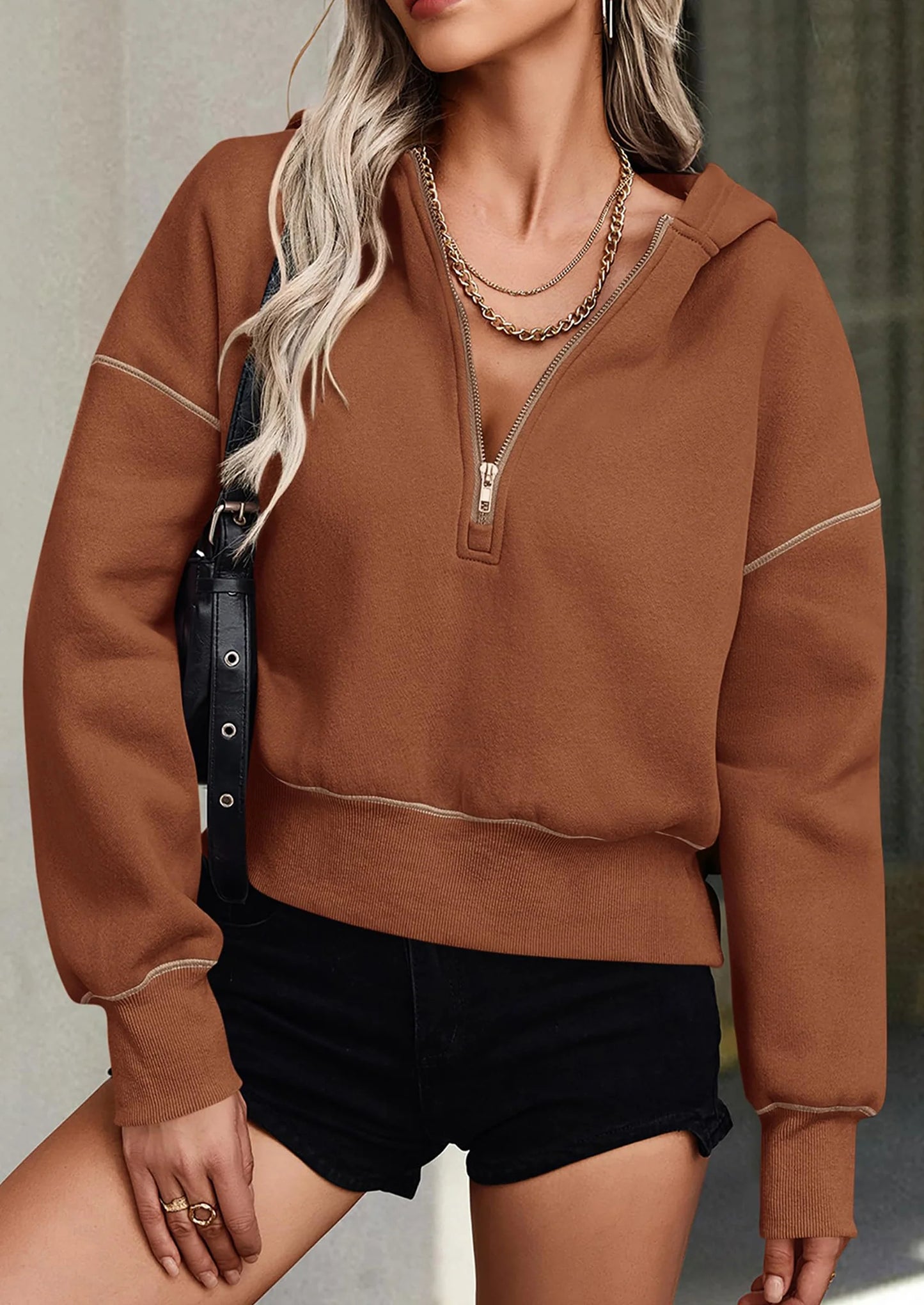 Women's Hooded Sweatshirts Long Sleeve Half Zip Cropped Hoodie Pullover Winter Fashion Clothes