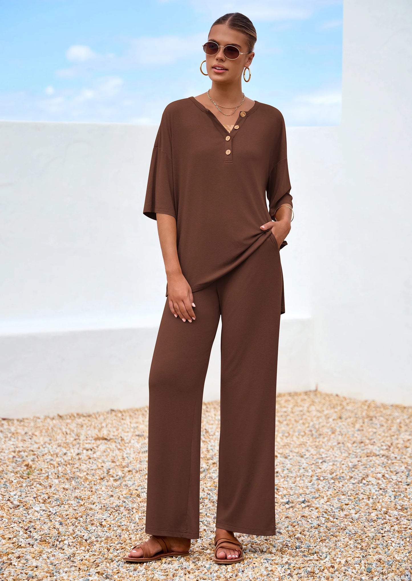 Women's 2 Piece Outfits Summer Casual V Neck Short Sleeve Tops Wide Leg Pants Matching Lounge Sets