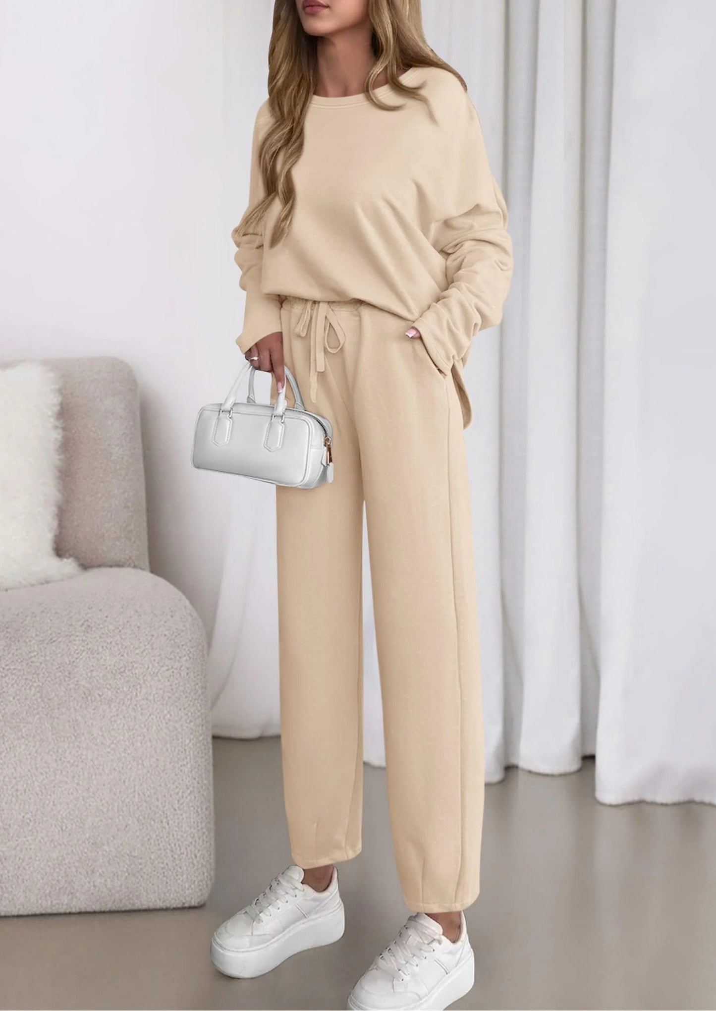 Womens 2 Piece Matching Lounge Sets Fall Long Sleeve Boatneck Sweatsuit Drawstring Sweatpants Pockets