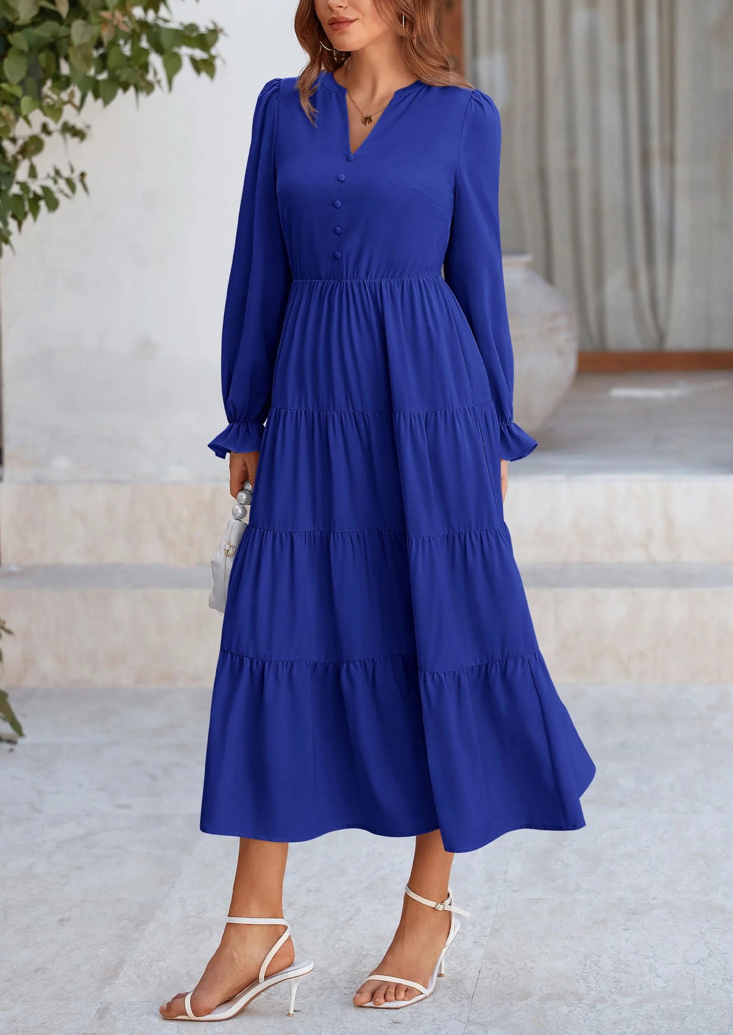 Women Fall Long Sleeve Smocked Maxi Dress Casual Square Neck Swiss Dot Tiered Ruffle Flowy Spring Pocket Dresses