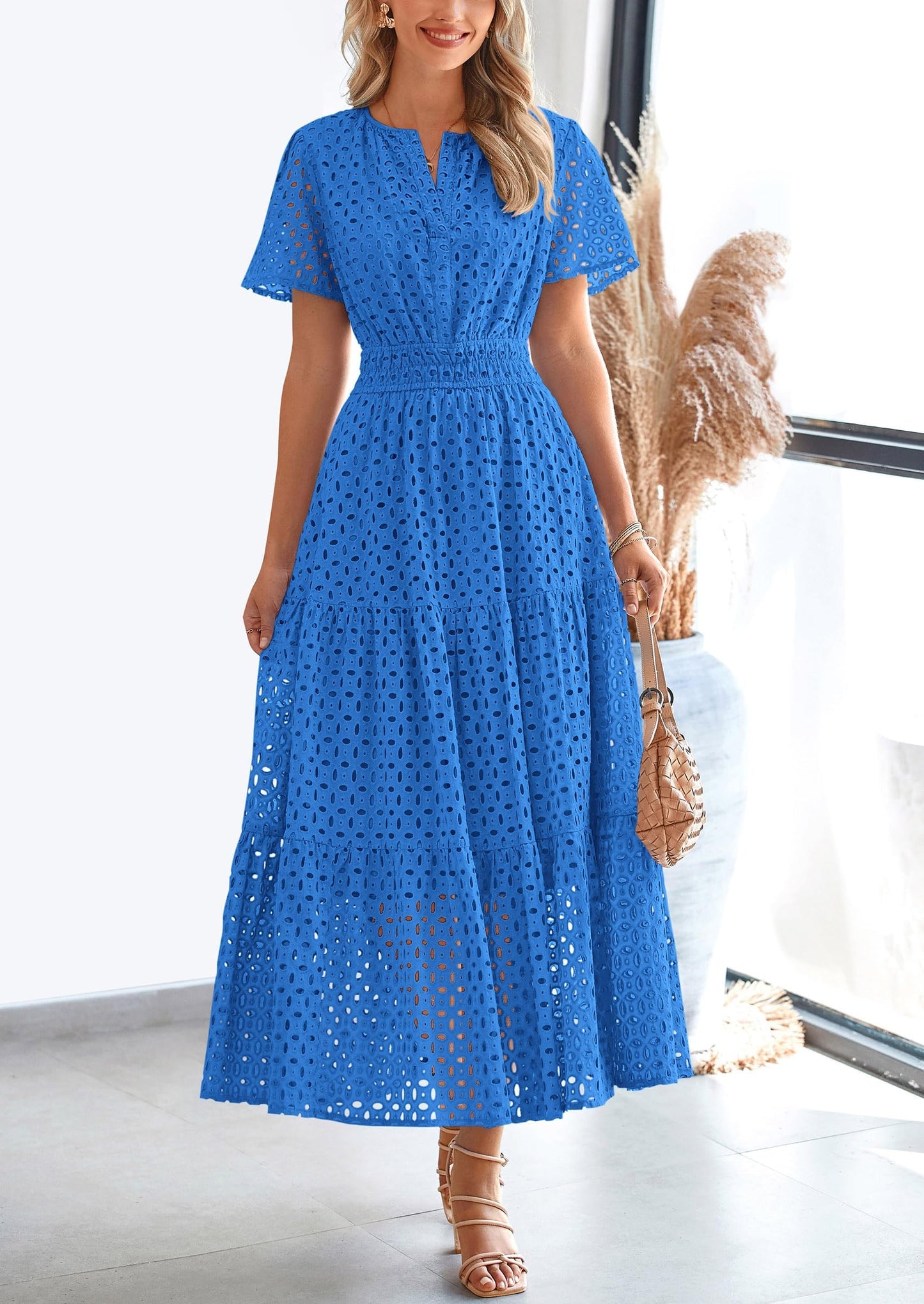Womens Maxi Dress Short Sleeve V Neck Hollow Out Eyelet A Line Long Flowy Beach Vacation Dresses