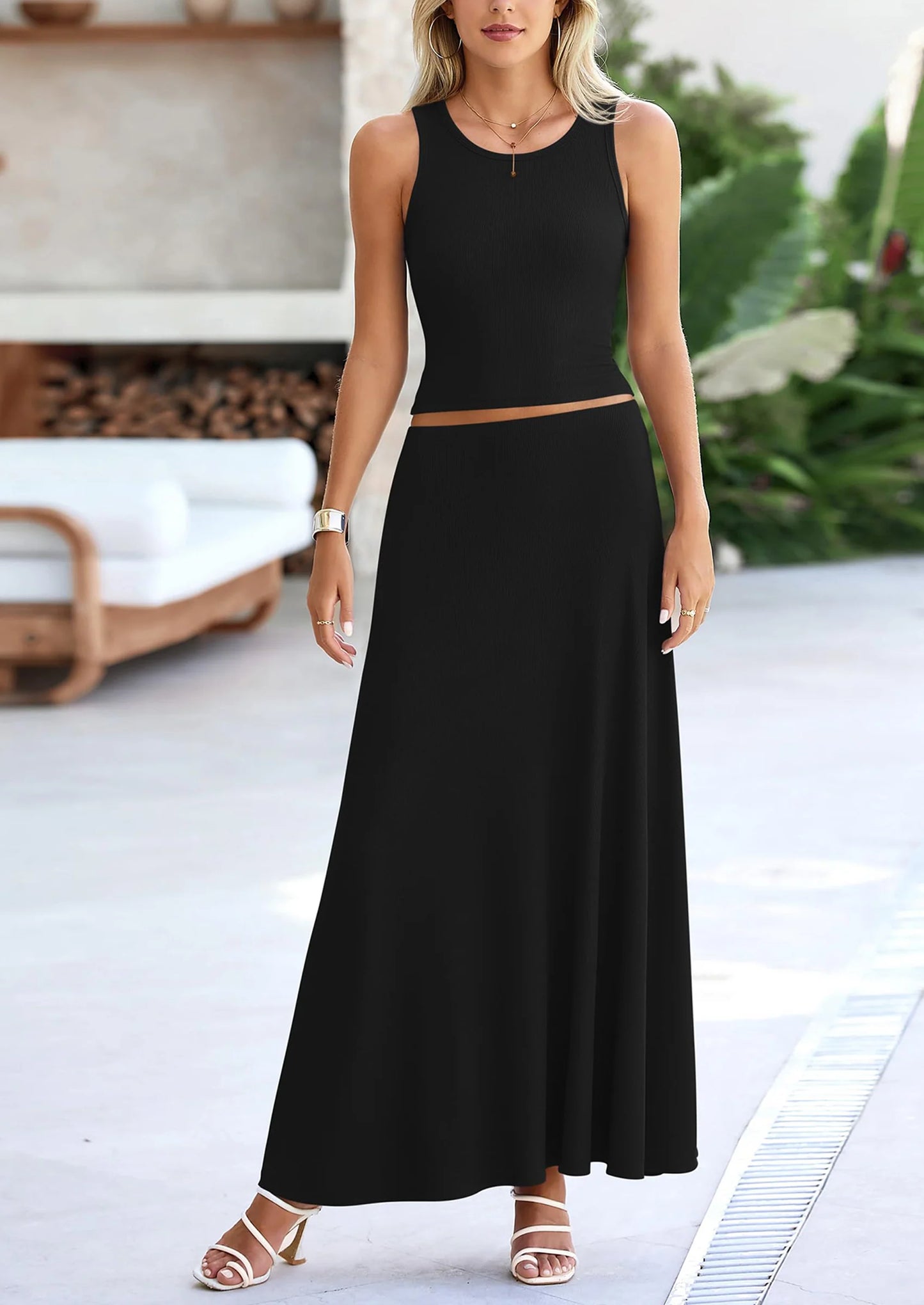 2 Piece Maxi Skirt Sets Casual Knit Cropped Tank Top High Waisted Long Skirts Outfit