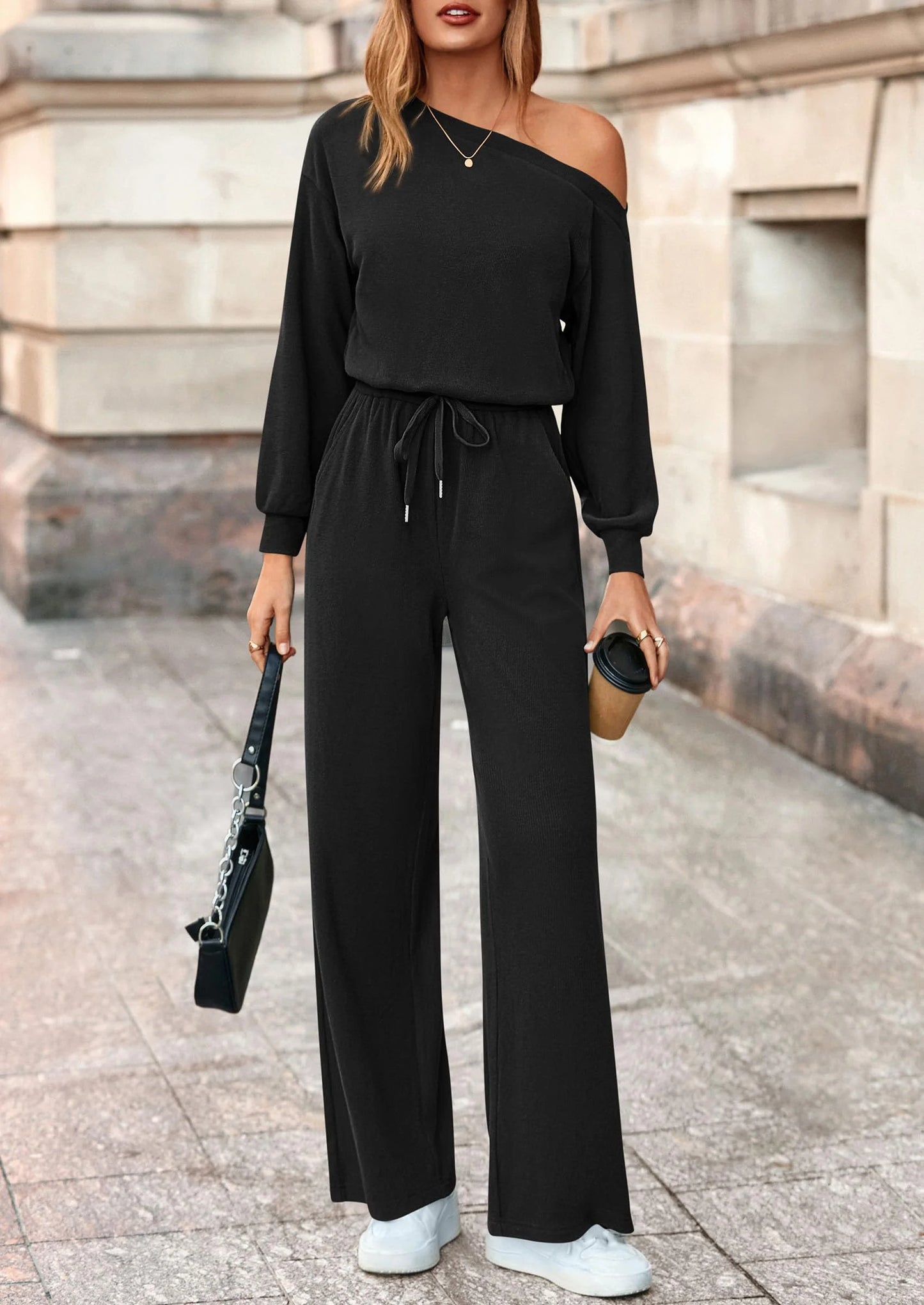 Long Sleeve Jumpsuit For Women Dressy Off Shoulder One Piece Loose Wide Leg Jumpsuits Casual Flowy Romper
