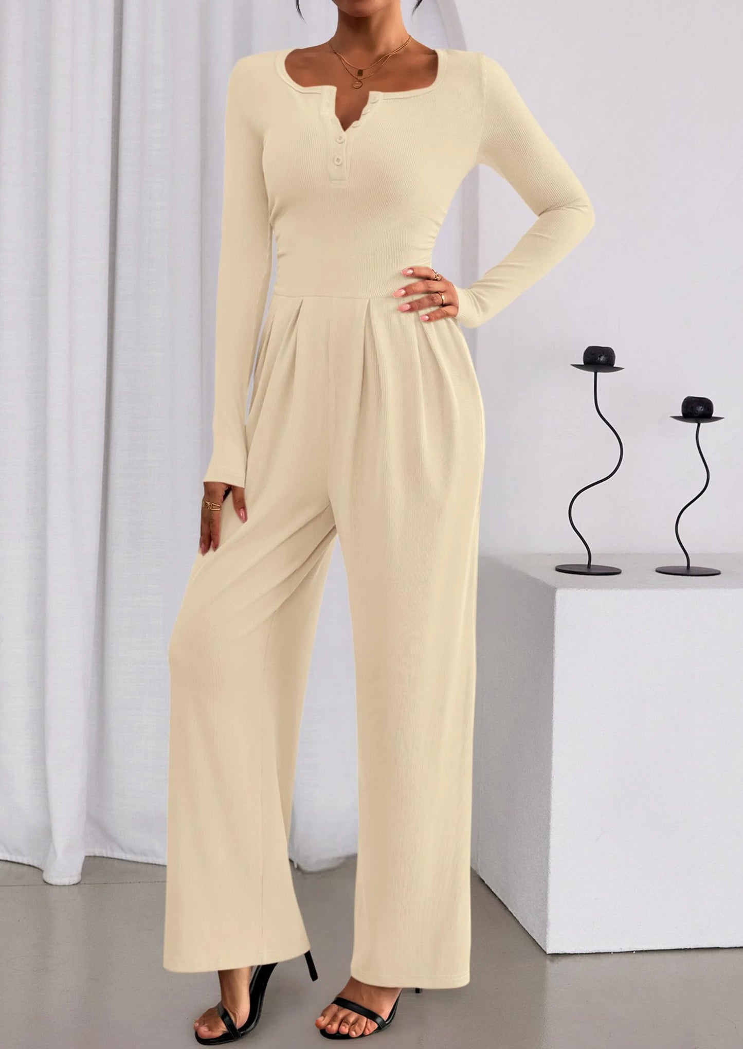Jumpsuits for Women Dressy Casual Fall One Piece Outfits Long Sleeve Crew Neck Wide Leg Pants Rompers
