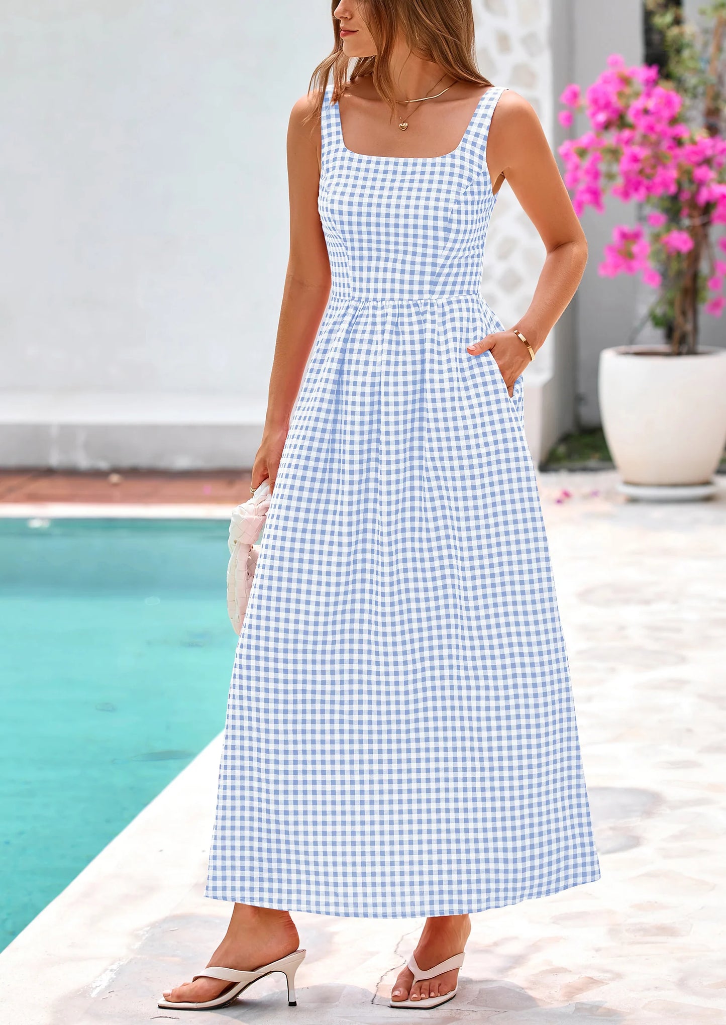 Women's Summer Spaghetti Strap Maxi Dresses Plaid Square Neck A Line Casual Beach Vacation Long Sundress