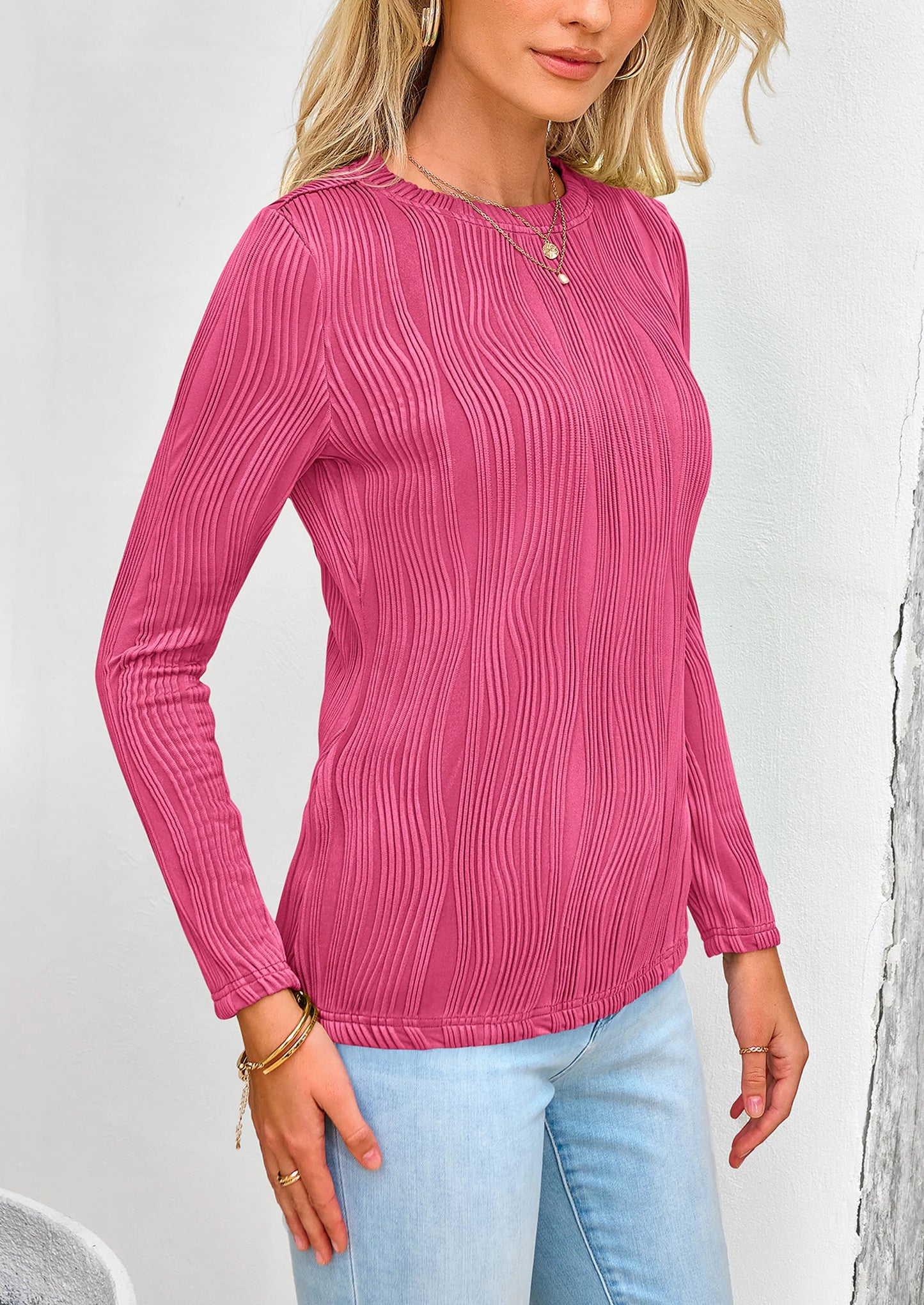 Long Sleeve Tops for Women Spring Fall Trendy Business Dressy Casual Shirts Crewneck Textured Blouse