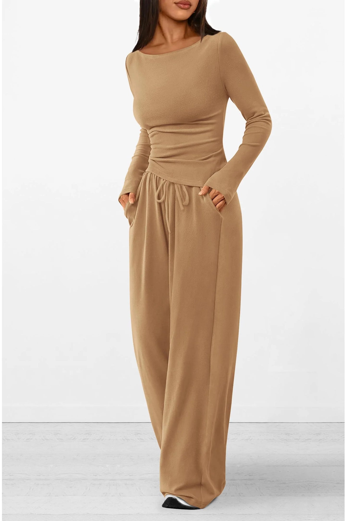 Women's 2 Piece Lounge Sets Asymmetrical Long Sleeve T Shirt Wide Leg Pants Casual Outfits Tracksuit