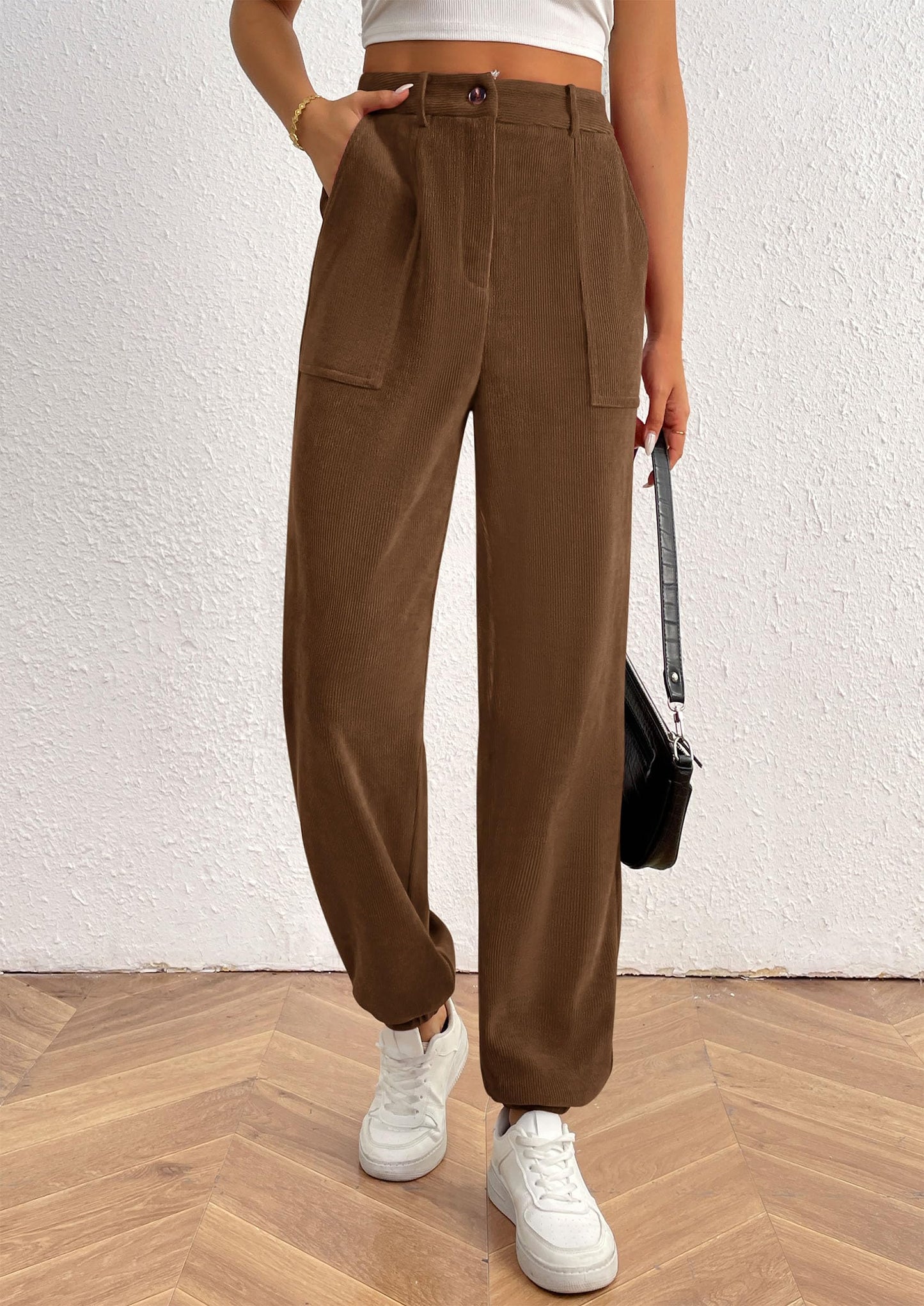 Women's Pants Dressy Casual Fall Elastic High Waisted Work Office Corduroy Trouser Slacks with Pockets