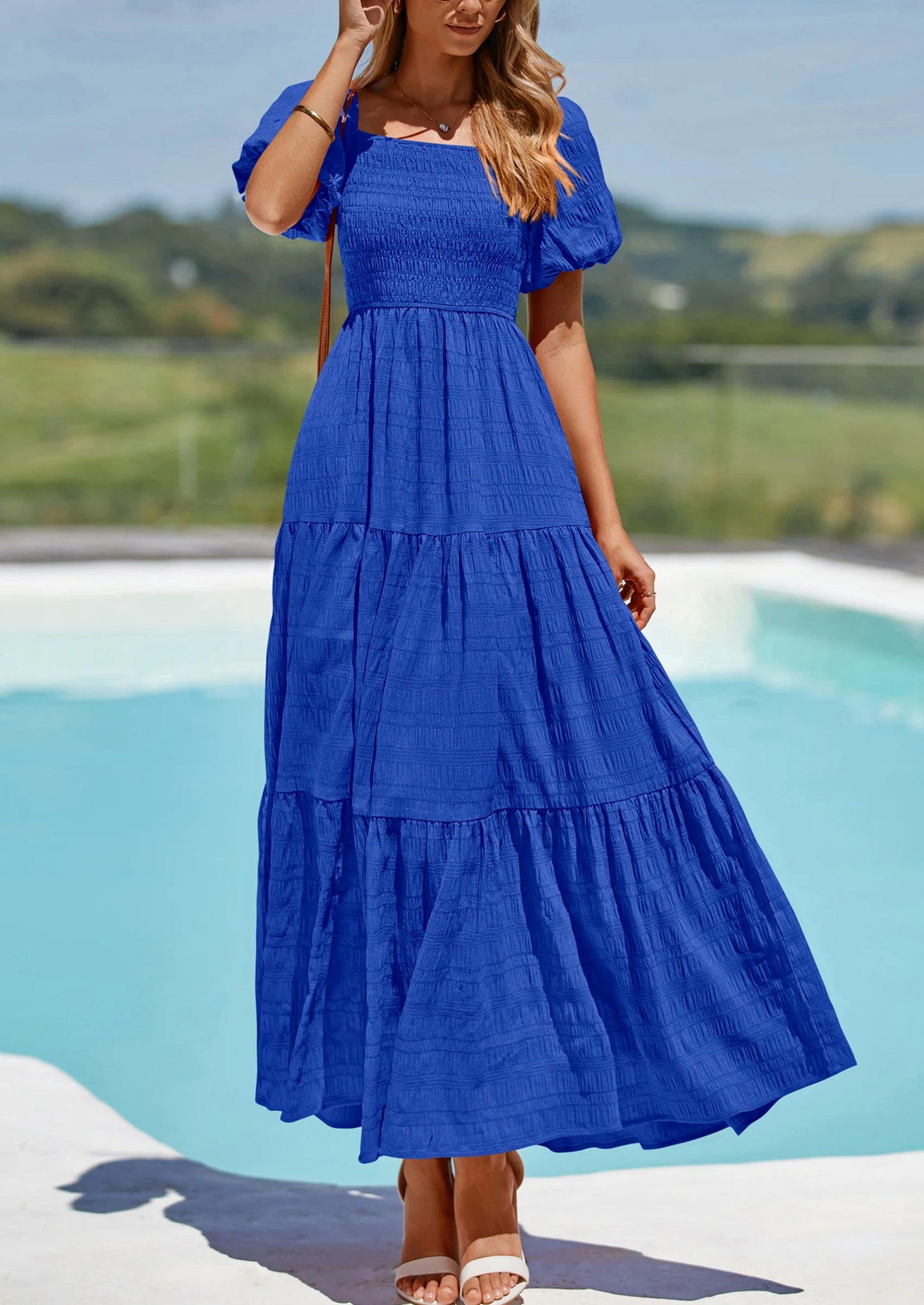 Womens Summer Puff Short Sleeve Maxi Dress Square Neck Smocked Tiered Ruffle A Line Long Flowy Beach Dresses