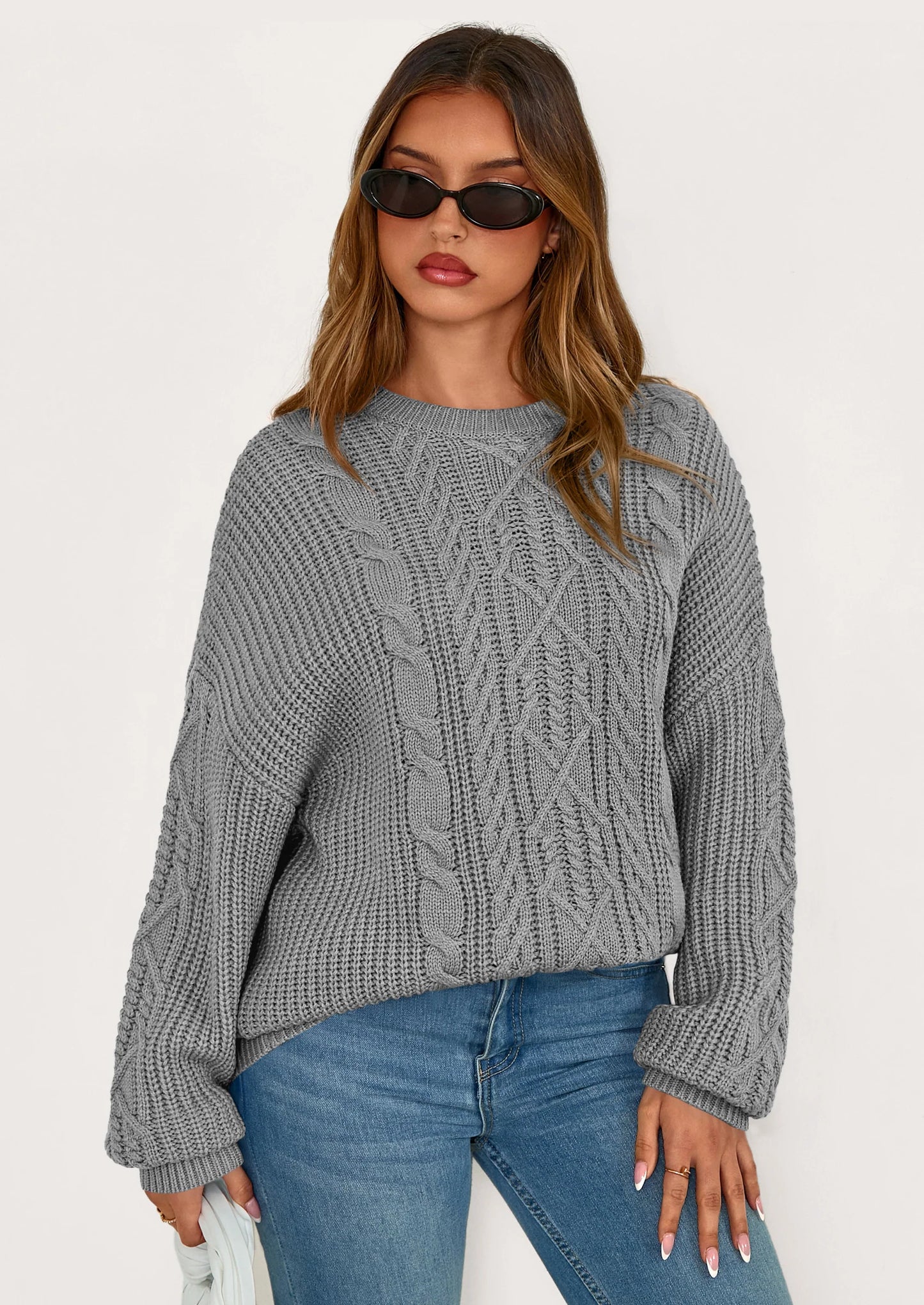 Women's Oversized Fall Sweaters Casual Long Sleeve Crewneck Chunky Cable Knit Pullover Tops Winter Clothes