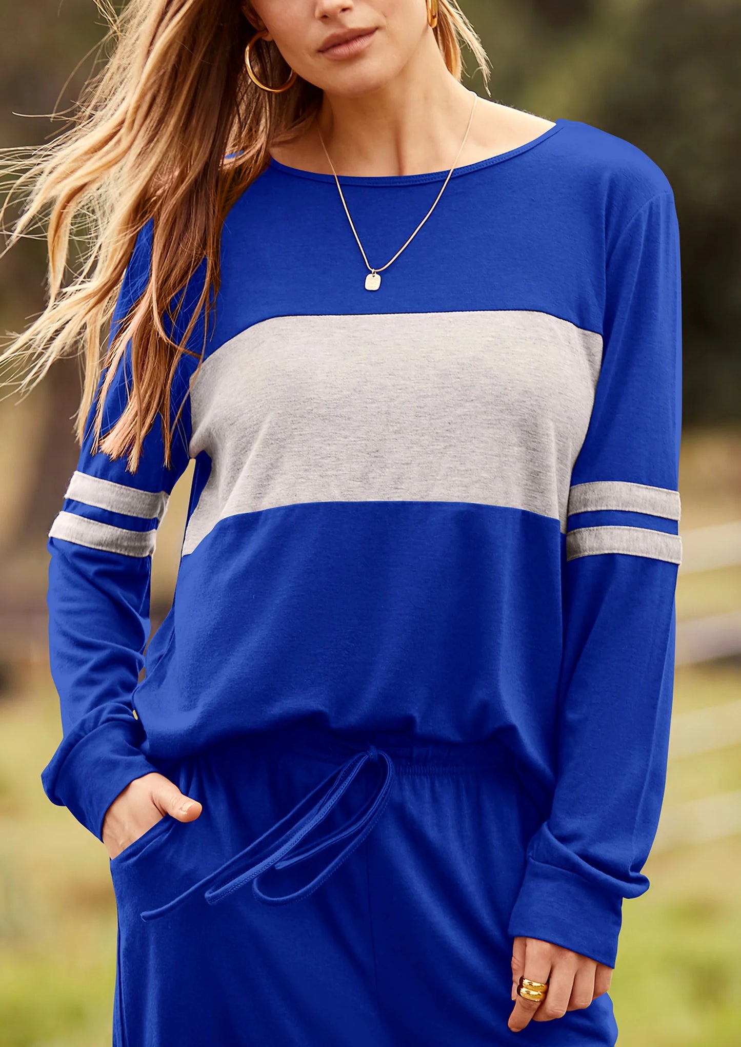 Women's Color Block 2 Piece Spring Tracksuit Crewneck Long Sleeve Tops Long Sweatpants Outfits Lounge Sets