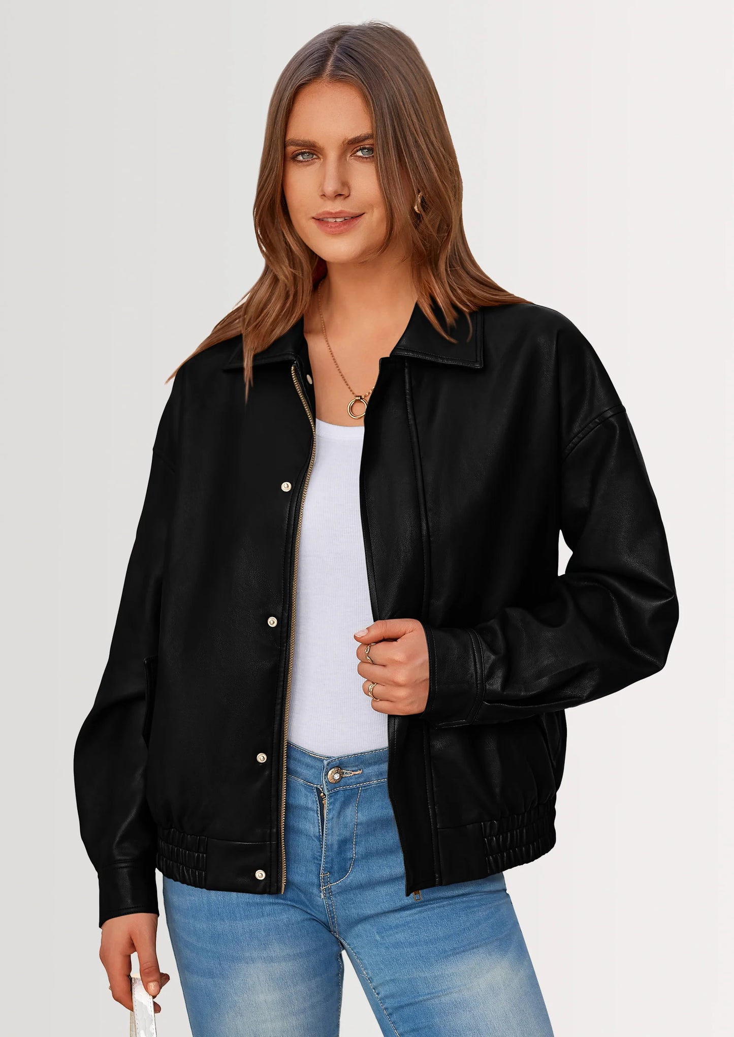 Women's Faux Leather Motorcycle Jacket Trendy Fall Spring Clothes Oversized Zip Up Winter Coat Outerwear