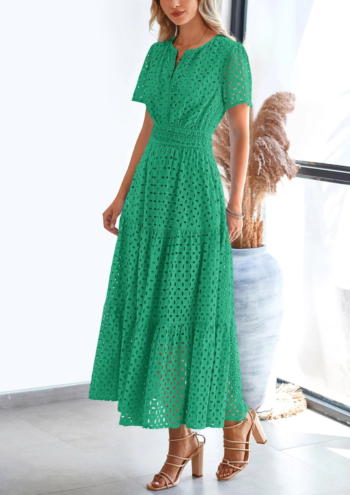 Womens Maxi Dress Short Sleeve V Neck Hollow Out Eyelet A Line Long Flowy Beach Vacation Dresses