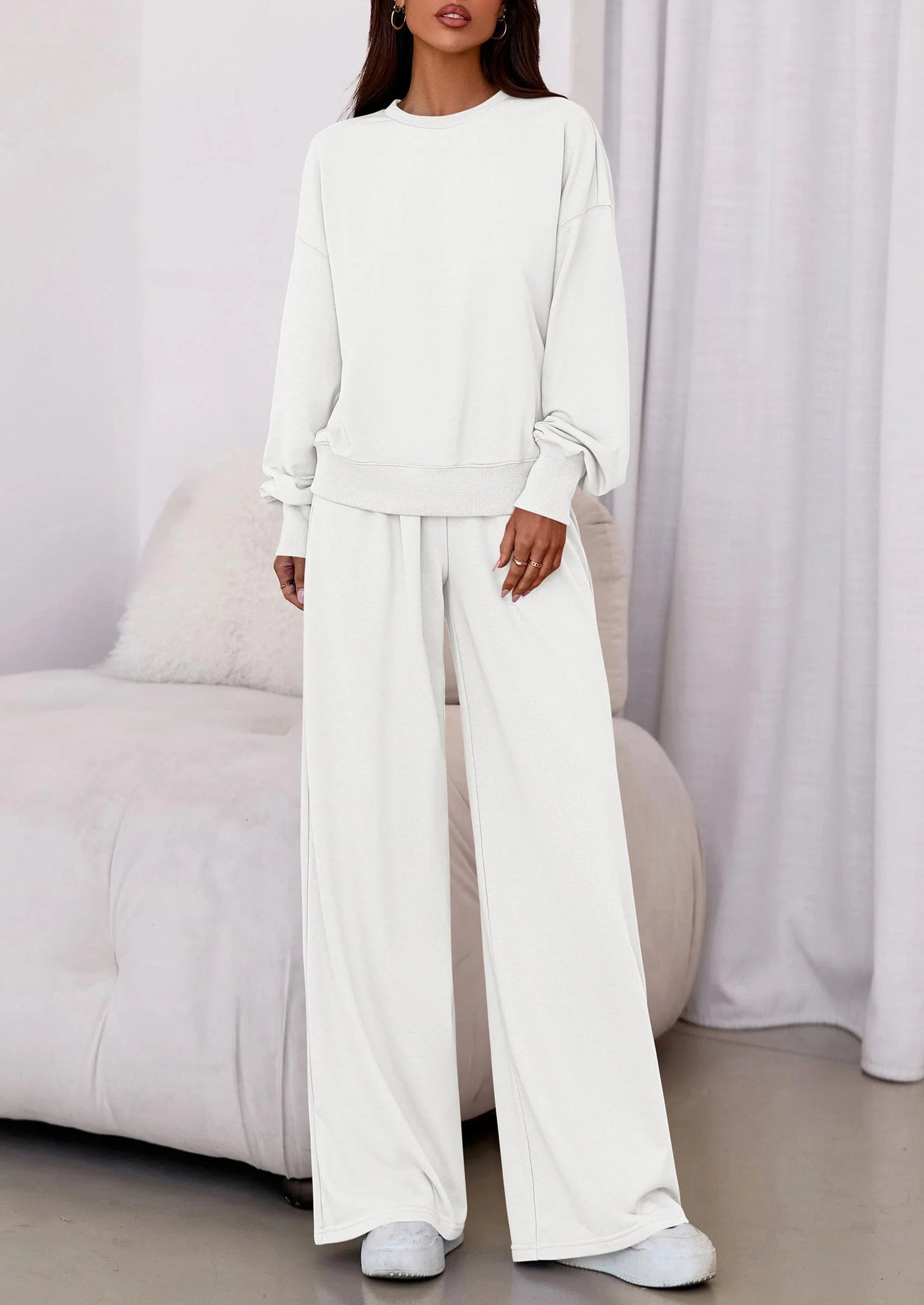 Womens 2 Piece Sets Long Sleeve Sweatshirt Wide Leg Pants Loose Matching Lounge Set Trendy Fall Outfits