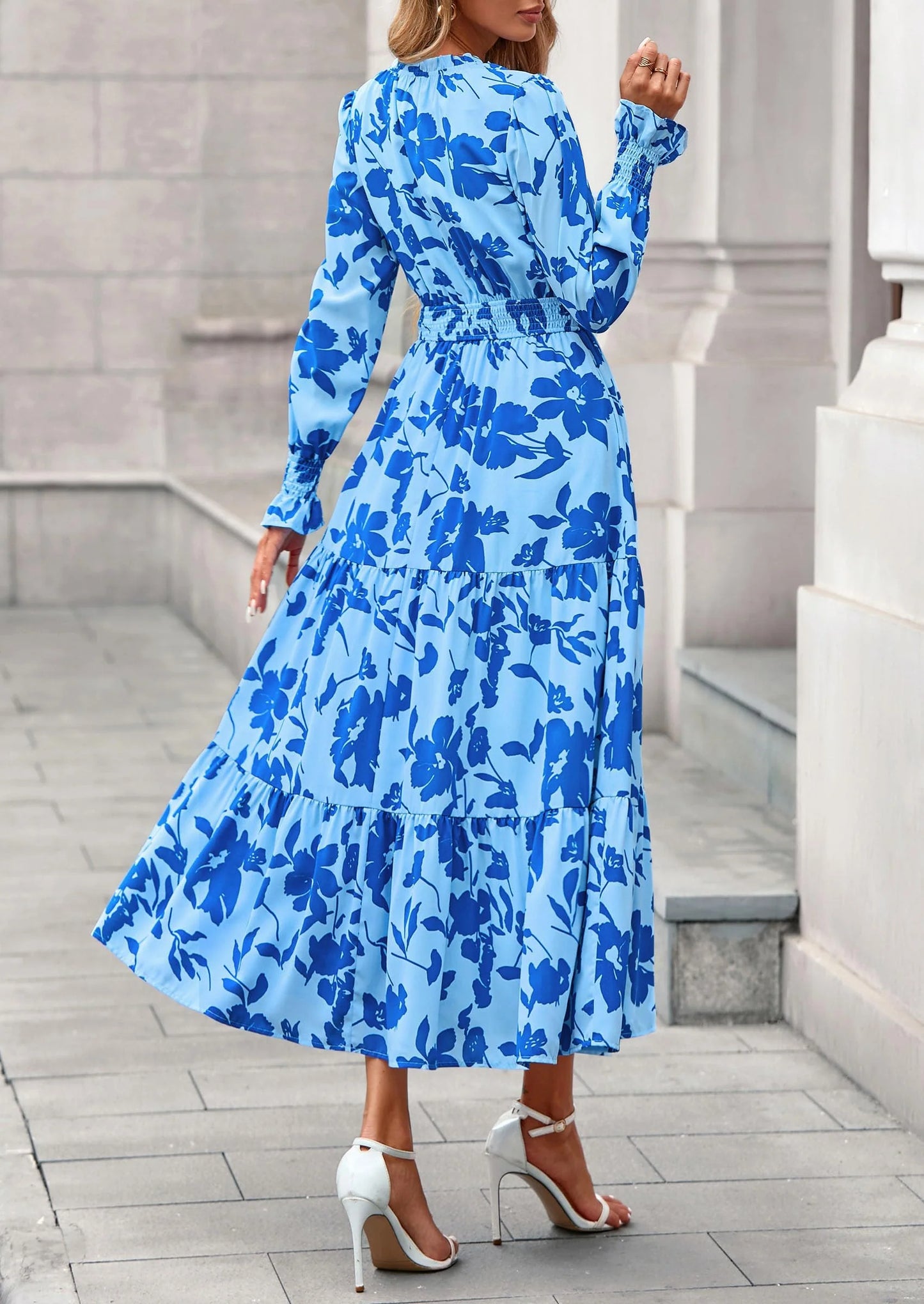 Women's Floral Maxi Dress Spring Long Sleeve V Neck Casual A Line Long Flowy Boho Party Dresses