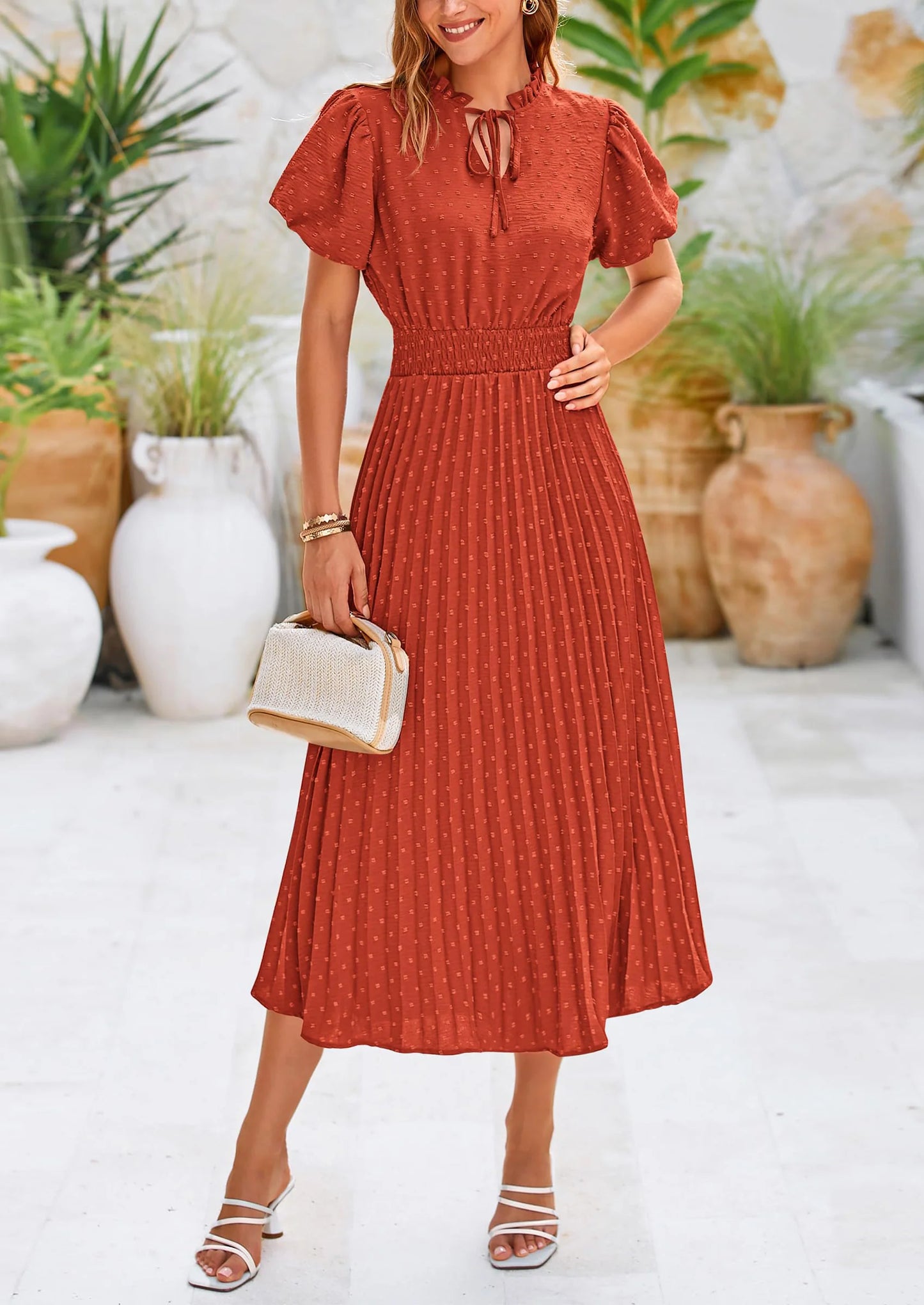 Womens Midi Dresses Puff Short Sleeve V Neck Swiss Dot Pleated A Line Flowy Long Wedding Guest Dress