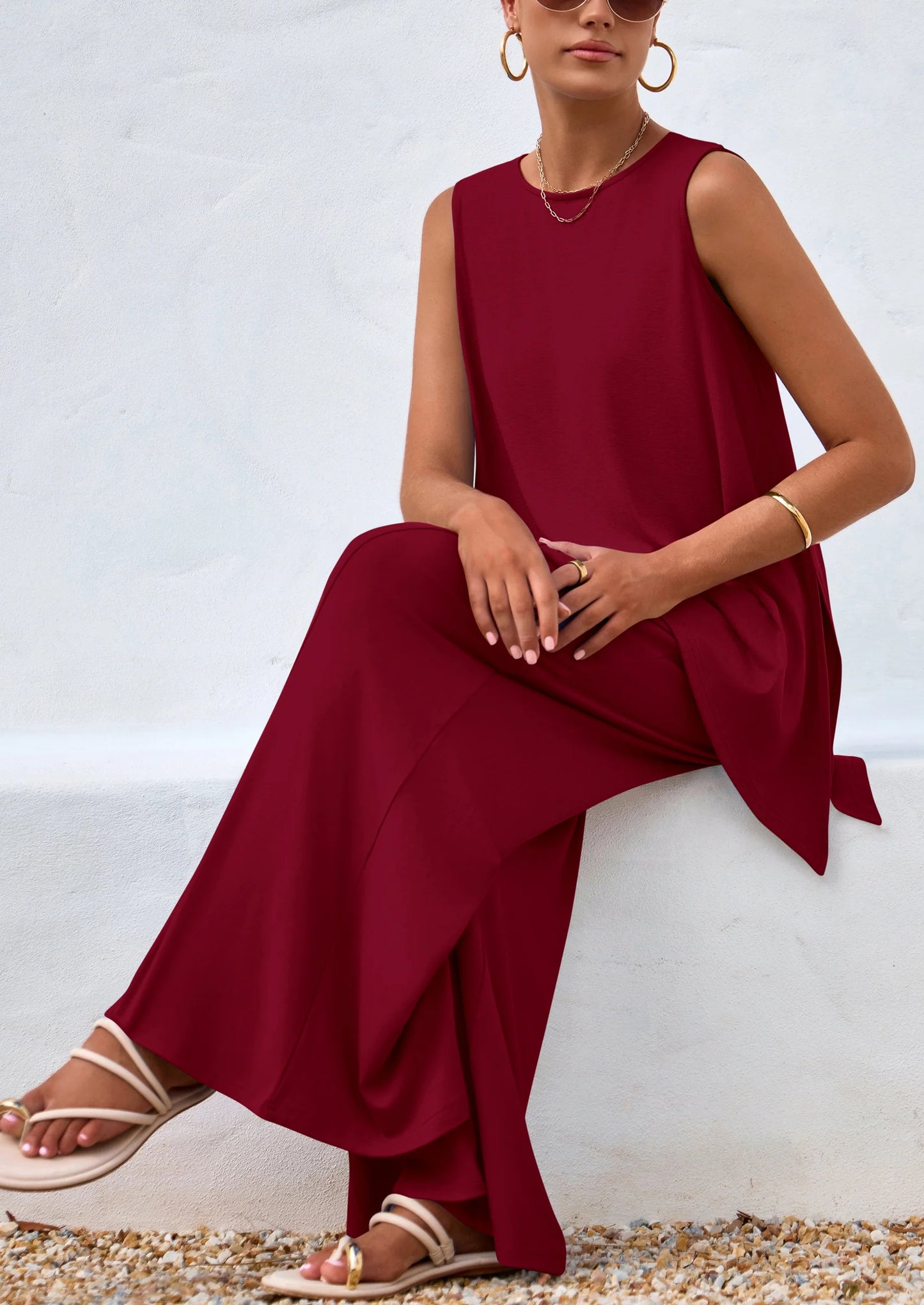 Women's Two Piece Matching Lounge Sets Asymmetrical Split Tank Tops Wide Leg Pants Summer Outfits Tracksuit