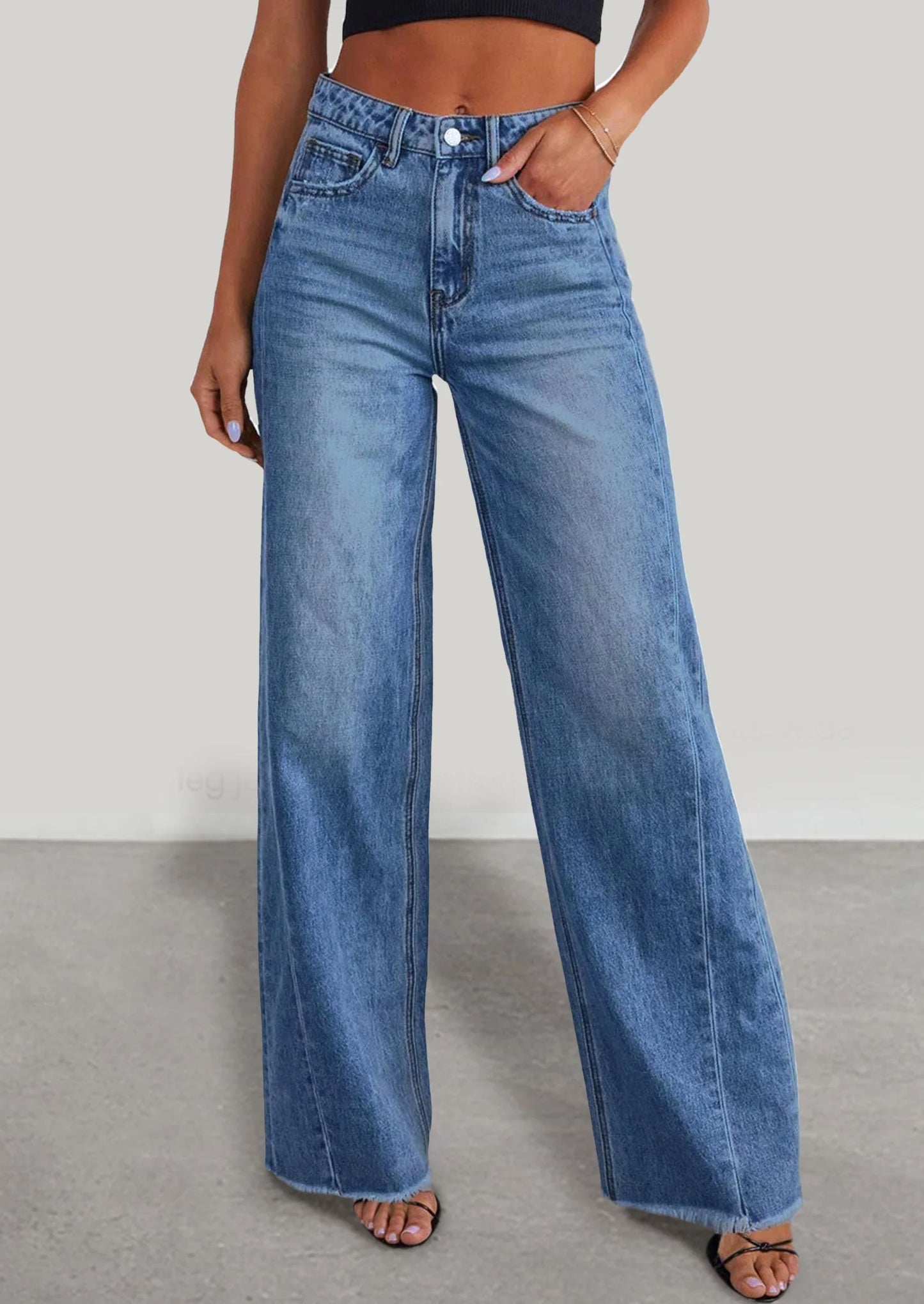 Wide Leg Jeans for Women Trendy High Waisted Stretchy Baggy Raw Hem Denim Palazzo Pants with Pockets