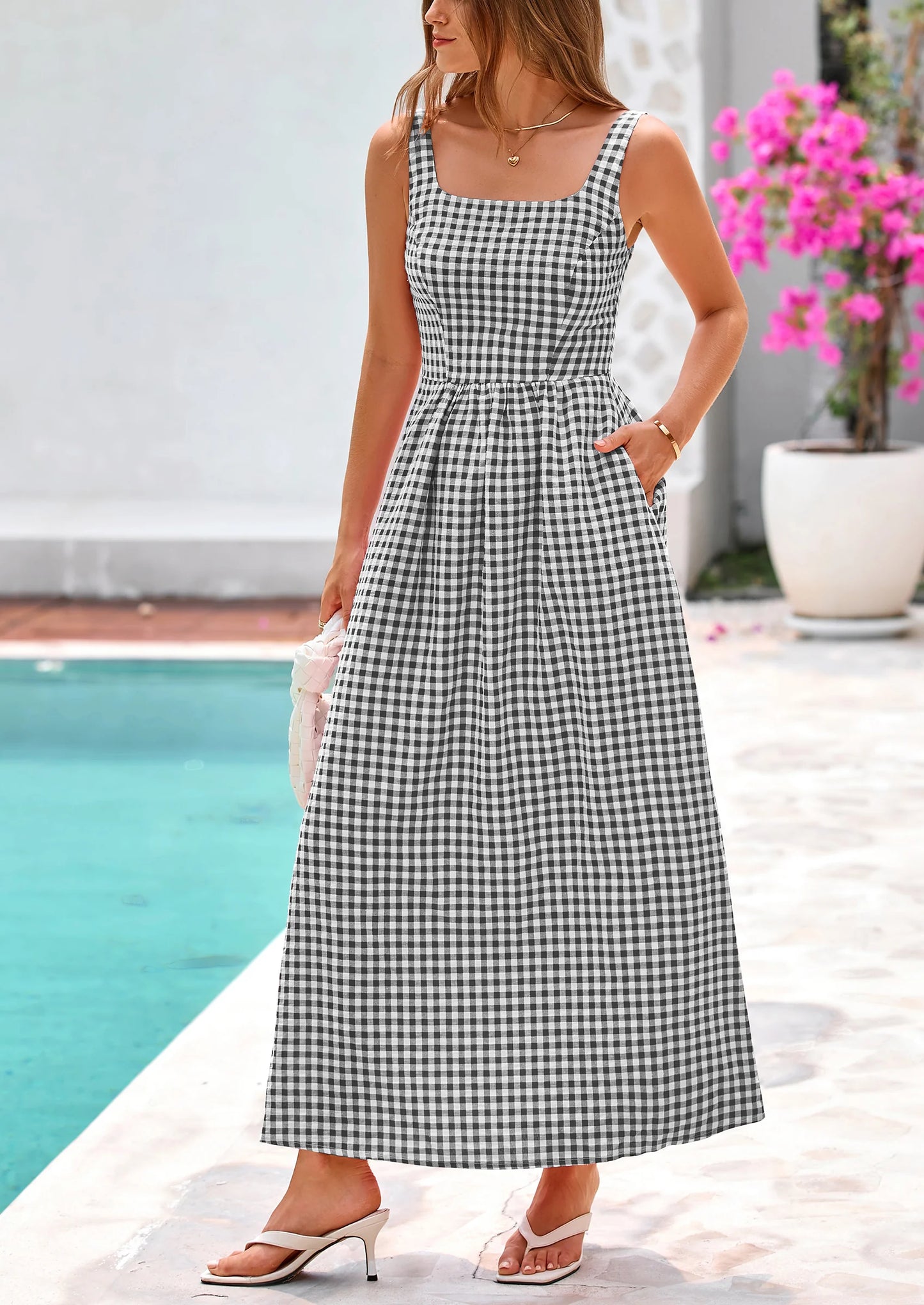 Women's Summer Spaghetti Strap Maxi Dresses Plaid Square Neck A Line Casual Beach Vacation Long Sundress