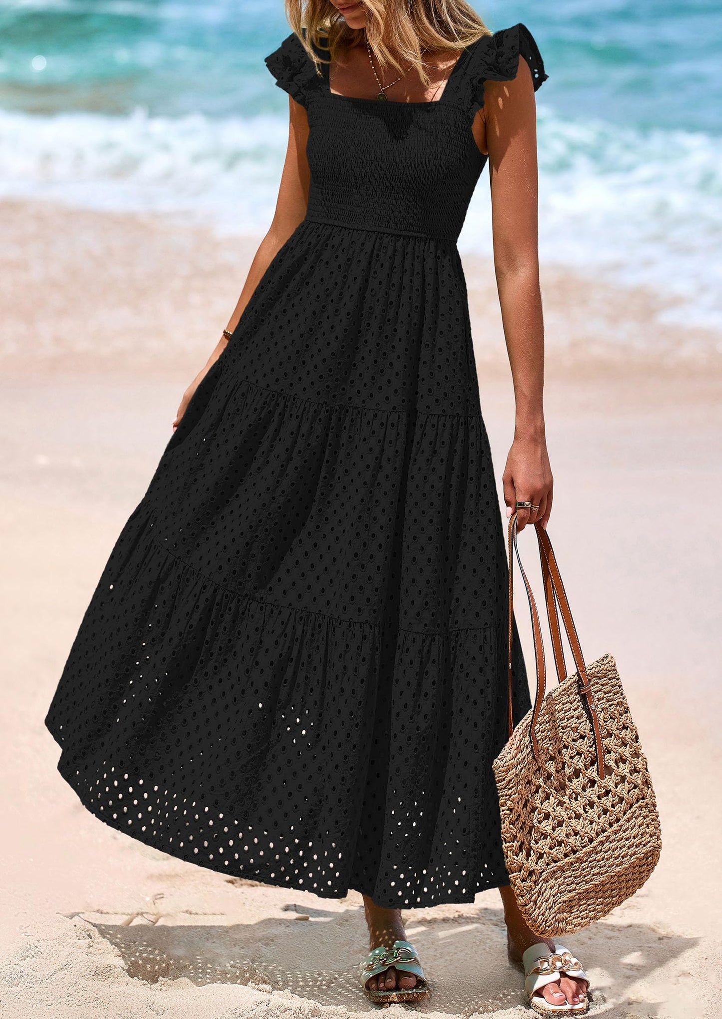Womens Square Neck Maxi Dresses Cap Sleeve Eyelet Smocked Tiered A Line Flowy Long Dress with Pockets