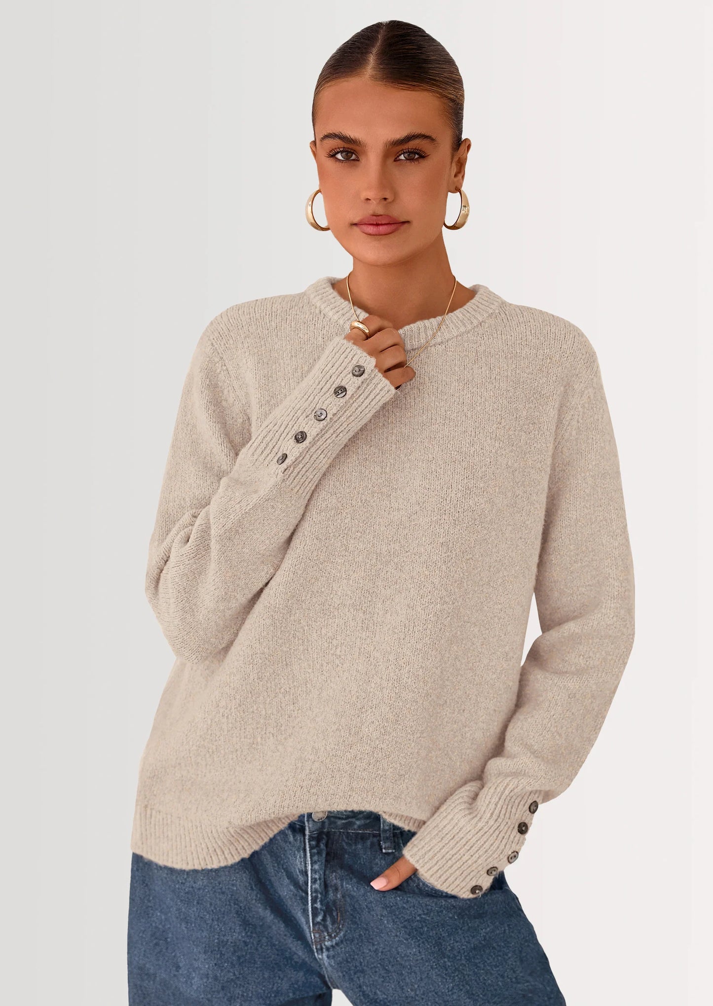 Womens Sweaters Fall Fashion Casual Crewneck Pullover Button Long Sleeve Cute Knit Tops Winter Clothes