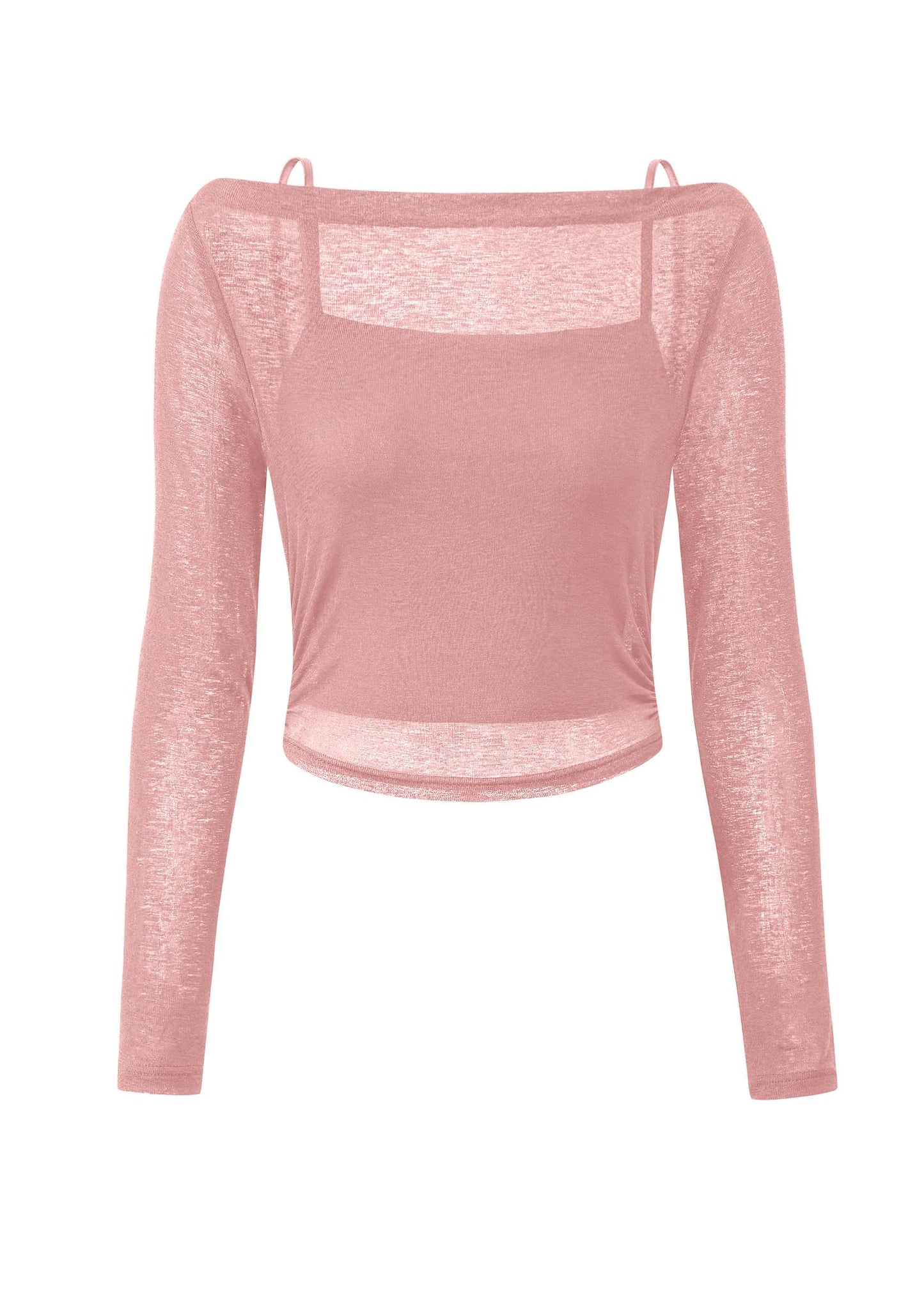 Women's Long Sleeve Sheer Crop Tops Boat Neck See Through Cover Up with Spaghetti Strap Camisole 2 Piece Blouses