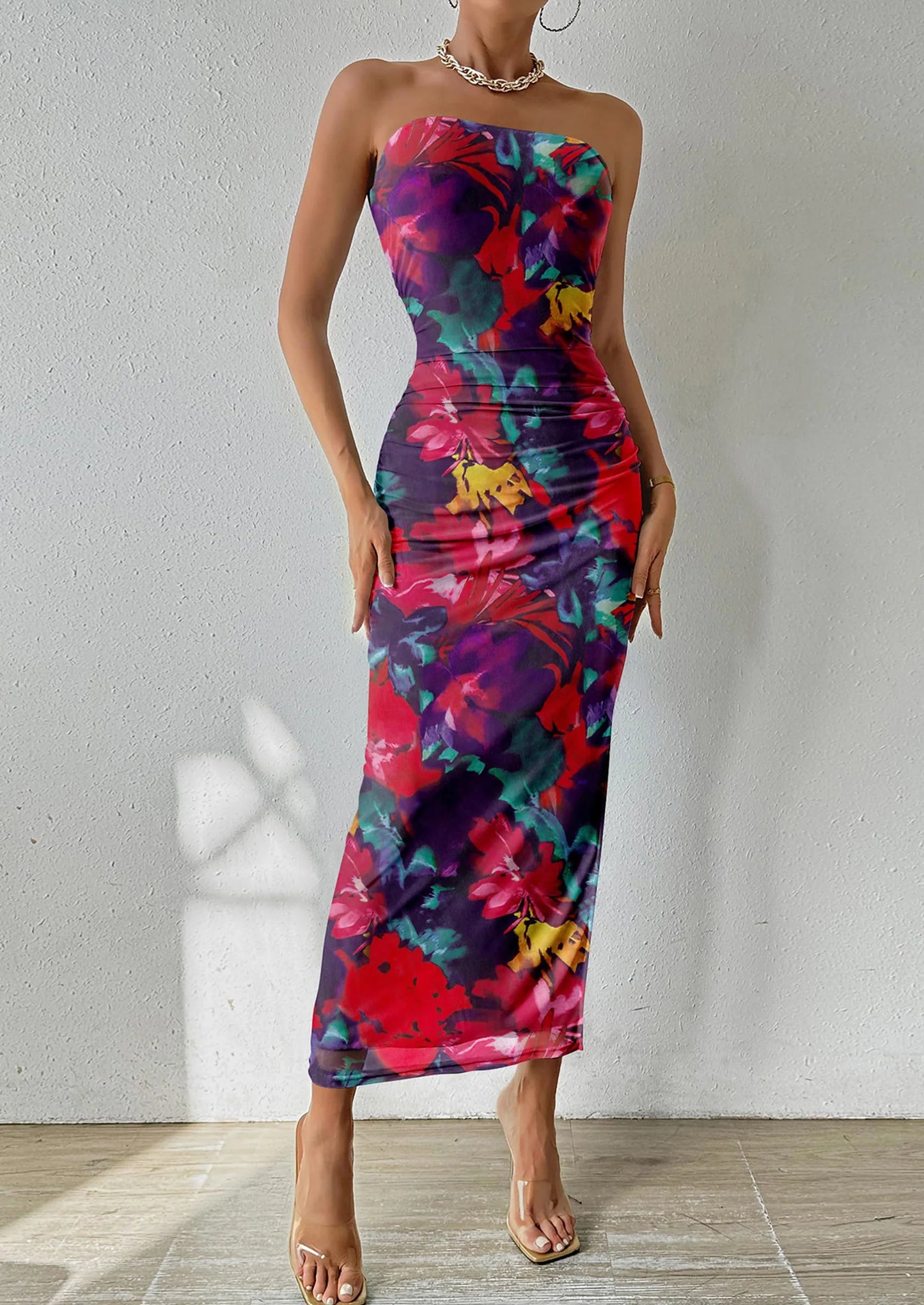 Women's Maxi Bodycon Dresses Strapless Tube Top Slit Floral Printed Party Club Long Dress