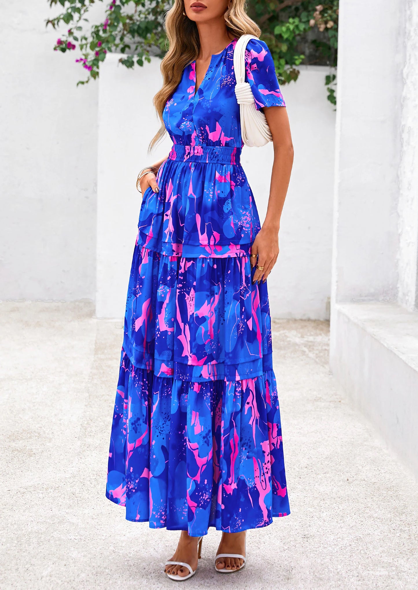 Women's Boho Maxi Dresses Floral Short Sleeve V Neck A Line Tiered Flowy Long Beach Vacation Dress