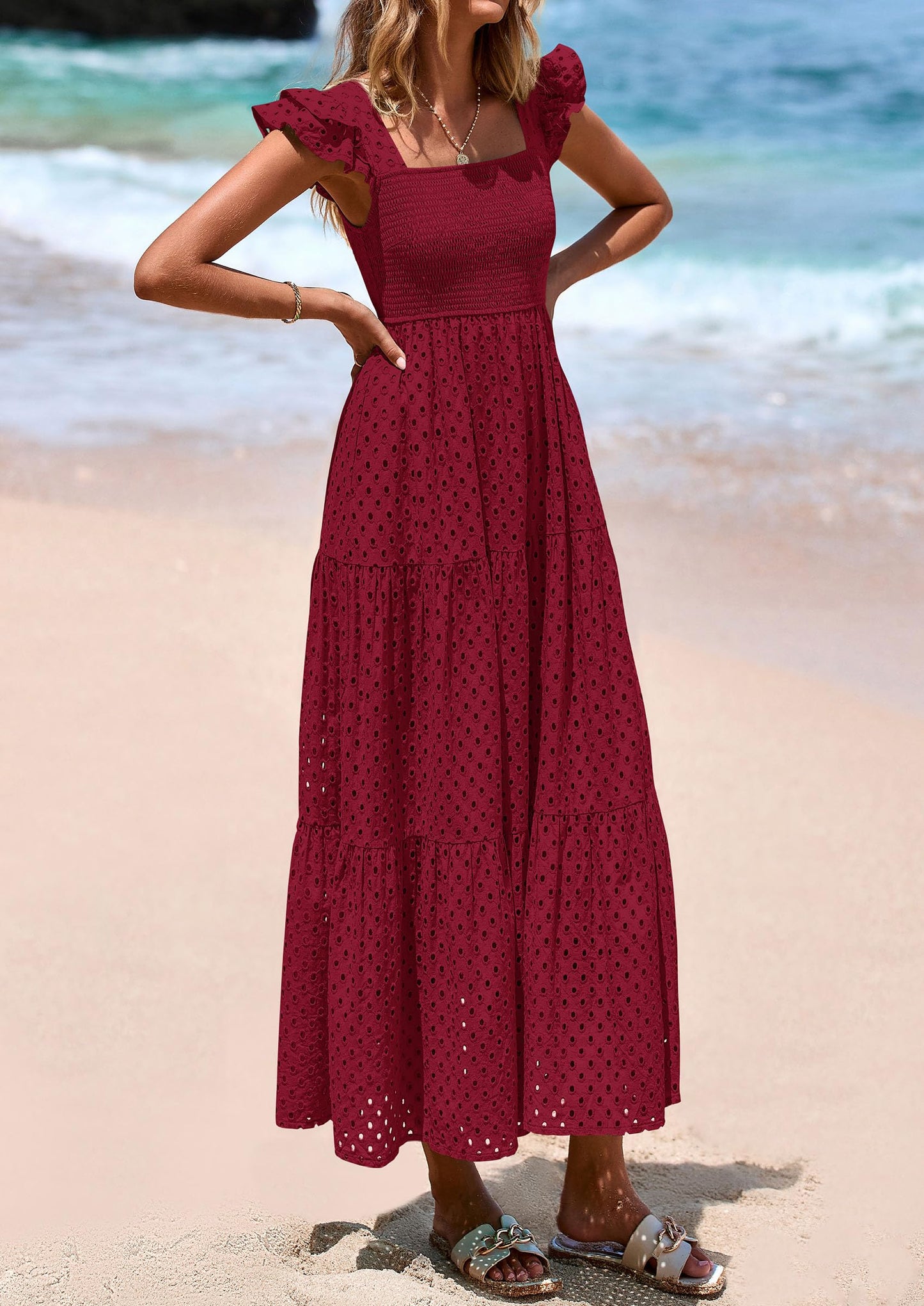 Womens Square Neck Maxi Dresses Cap Sleeve Eyelet Smocked Tiered A Line Flowy Long Dress with Pockets