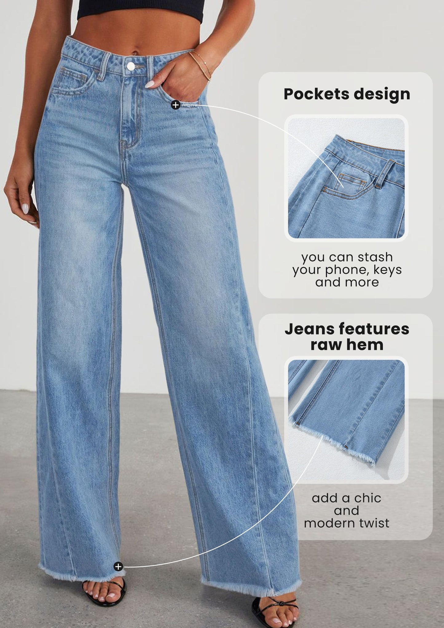 Wide Leg Jeans for Women Trendy High Waisted Stretchy Baggy Raw Hem Denim Palazzo Pants with Pockets