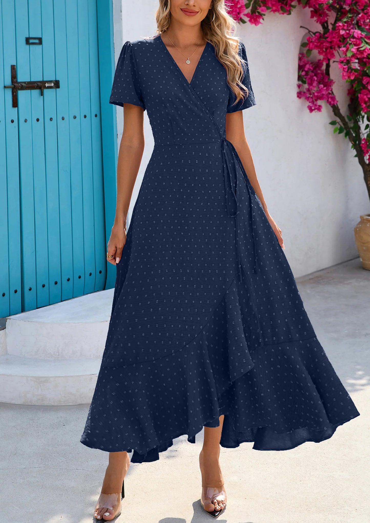 Women's Summer Maxi Dress Casual Wrap Floral Boho Short Sleeve V Neck Split Ruffle Beach Long Dresses