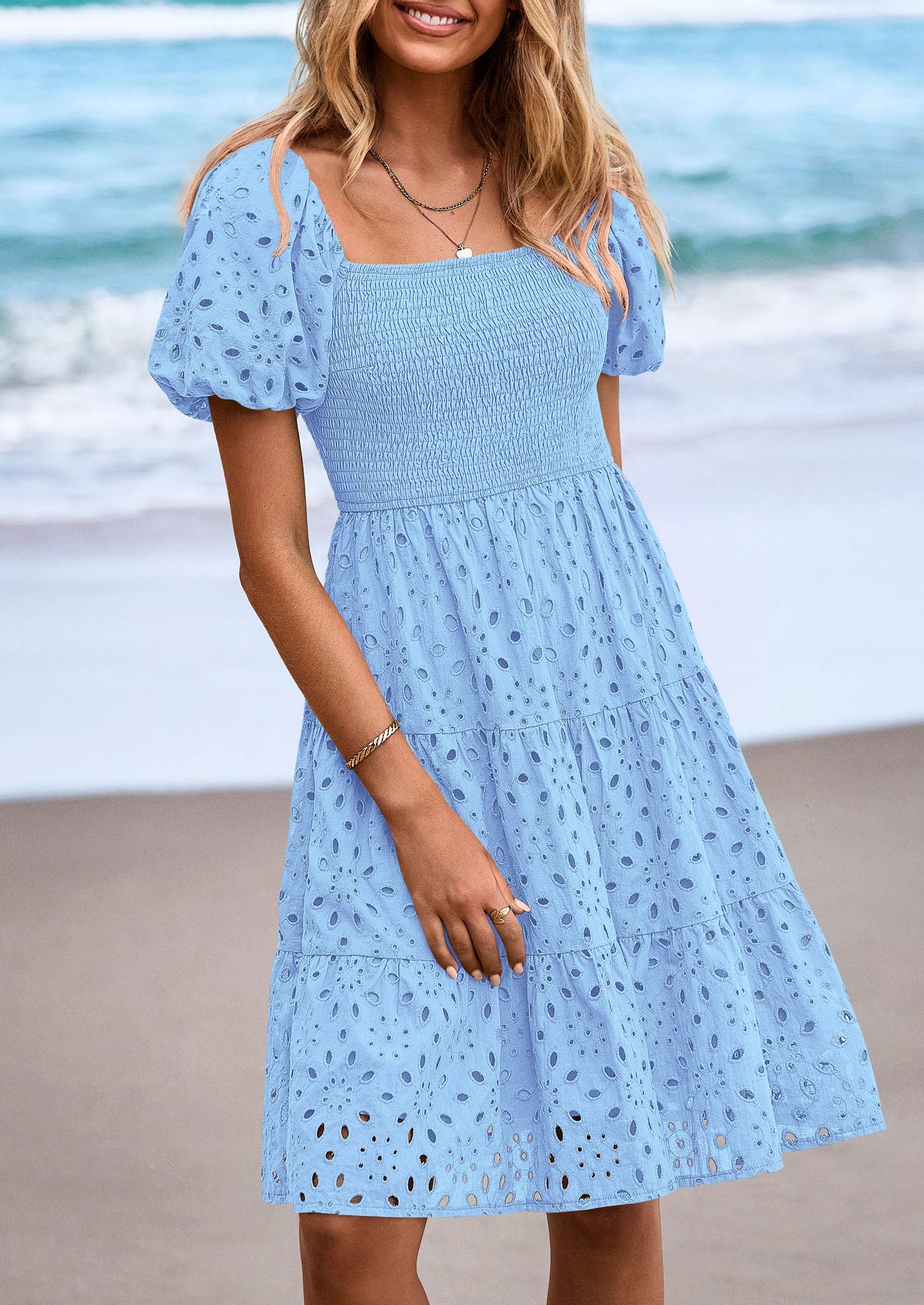 Womens Summer Puff Sleeve Mini Dress Off Shoulder Eyelet Smocked A Line Casual Babydoll Short Dresses