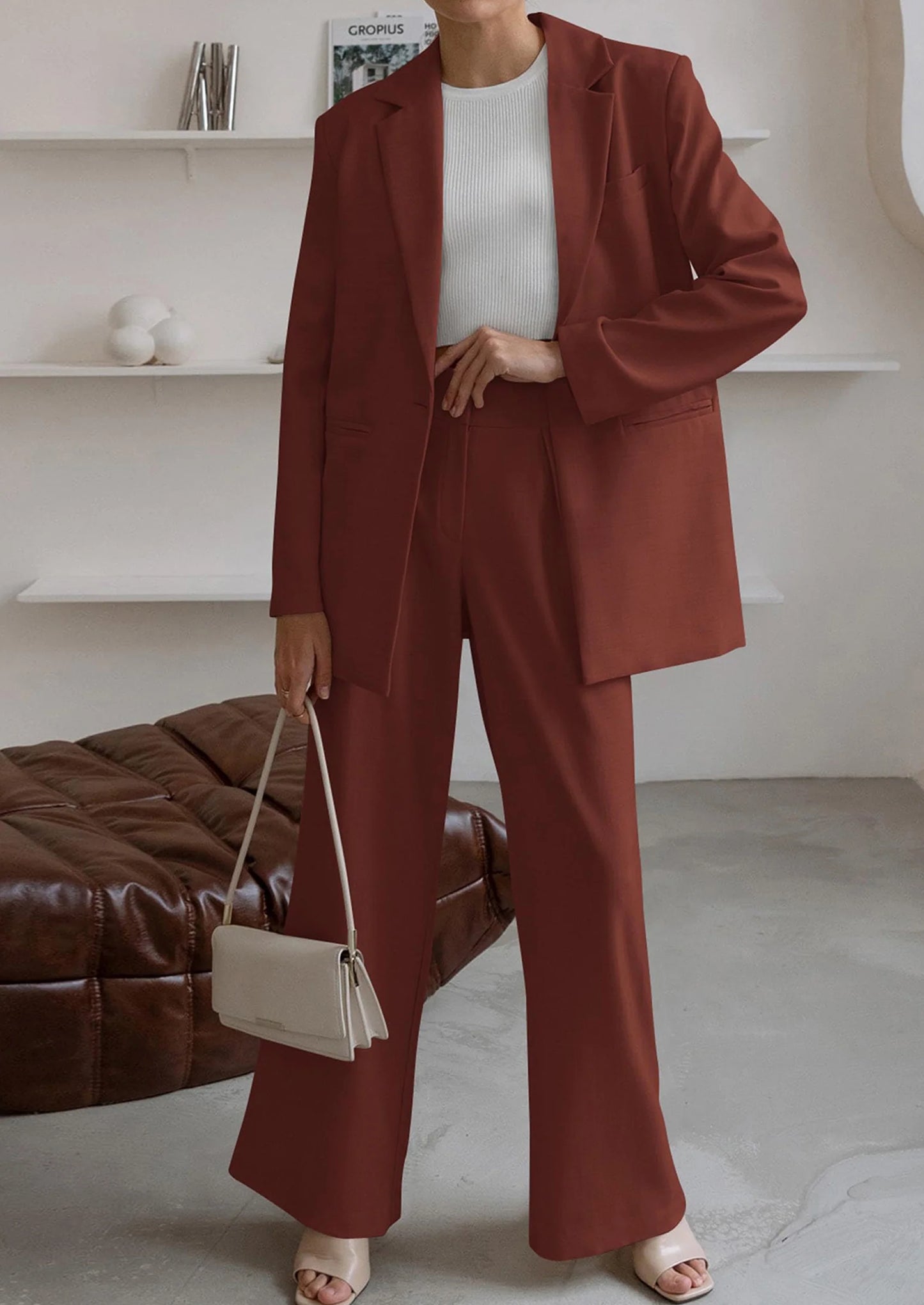 Women's Fall Two Piece Outfits Dressy Blazer Jacket and Wide Leg Pants Pockets Business Casual Office Suit Sets