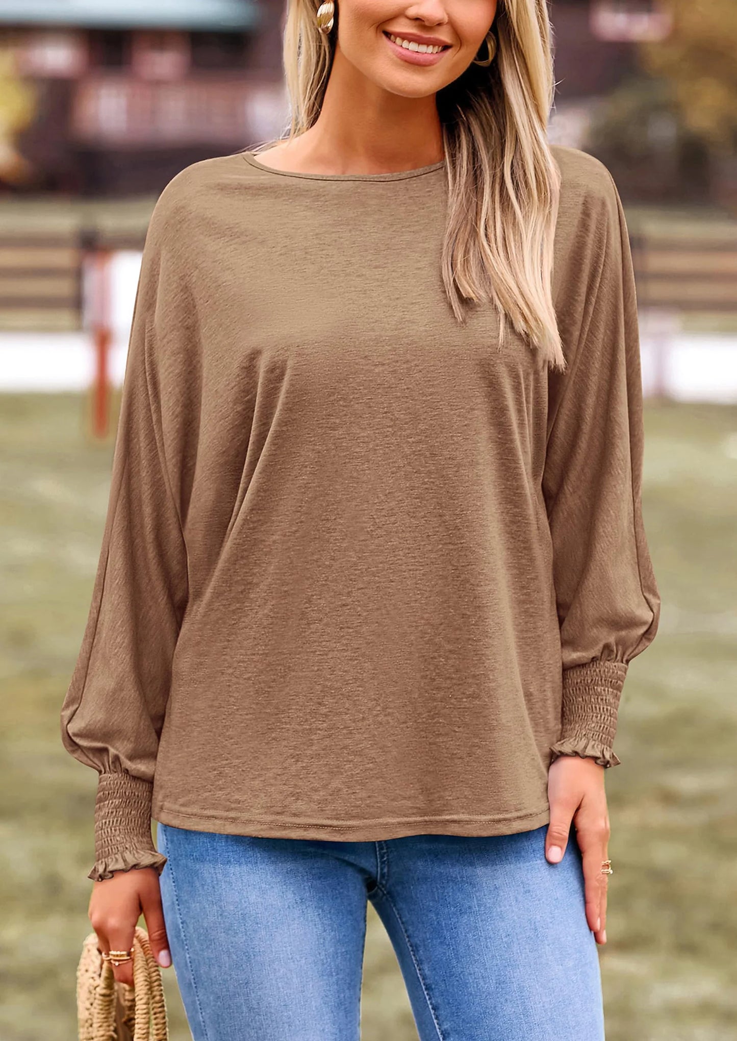 Women's Spring Fashion T Shirts Puff Long Sleeve Crewneck Casual Basic Tee Tops Blouses