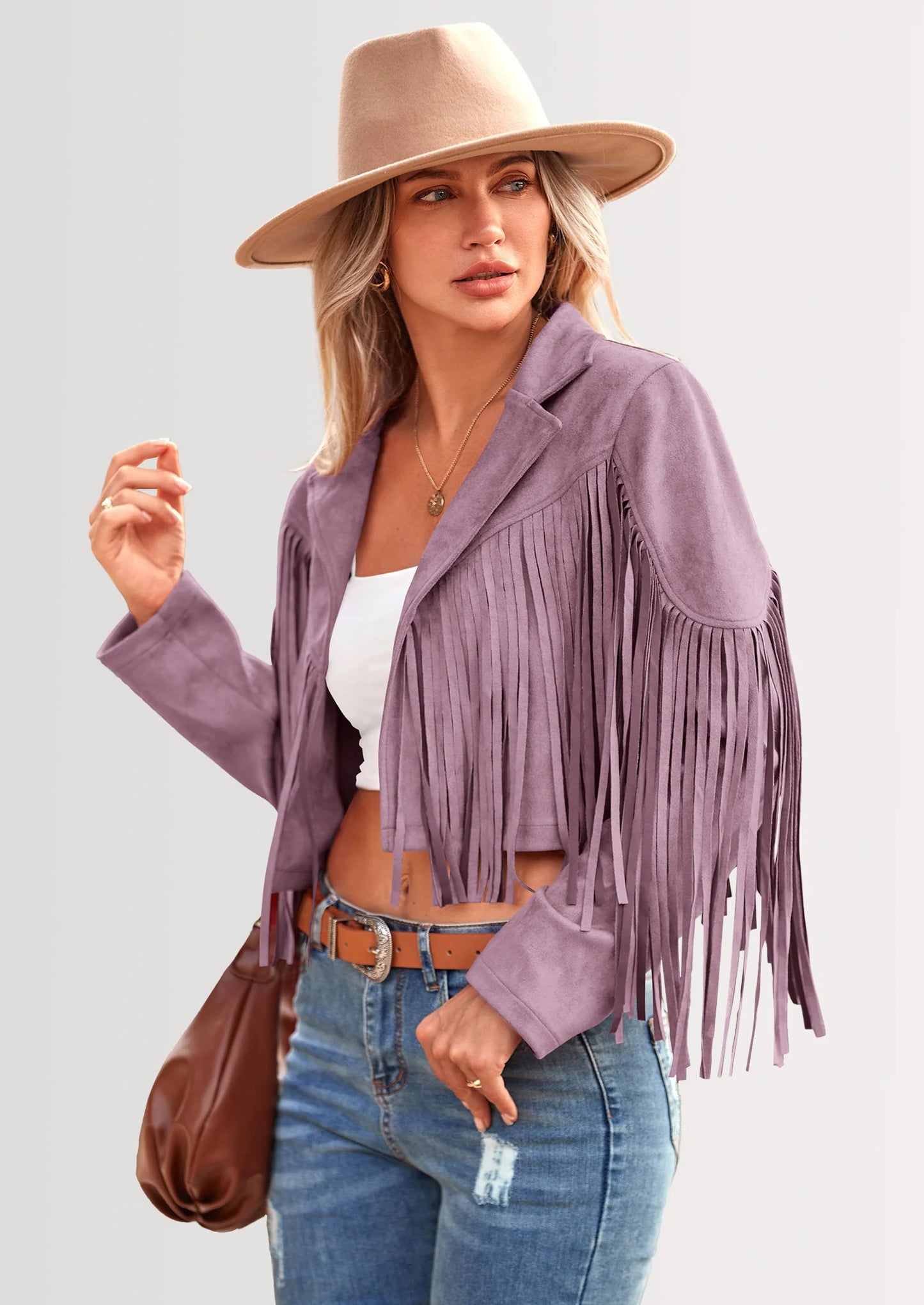 Women's Fringe Faux Suede Leather Jackets Fashion Tassel Motorcycle Cropped Coats