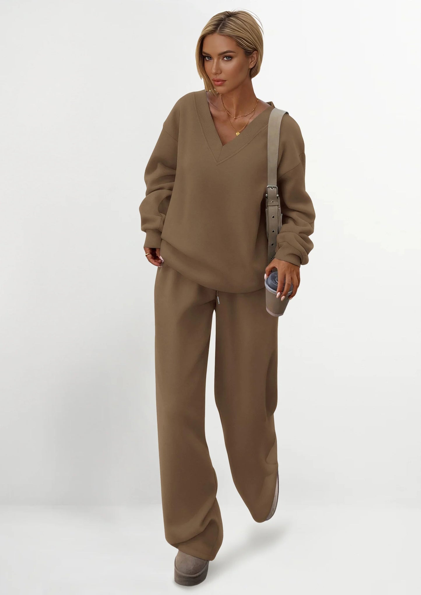 Casual Winter Two Piece Sets for Women V Neck Sweatshirt Loose Wide Leg Pants Tracksuit Knit Fall Outfits