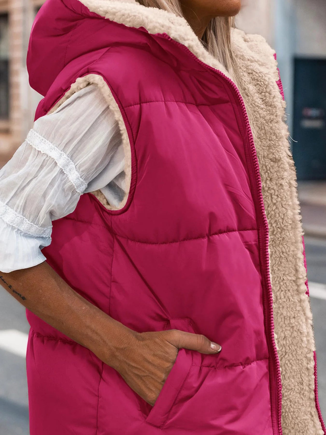 Womens Fall Reversible Vests Sleeveless Fleece Jacket Zip Up Hoodie Pockets Long Warm Winter Coat Outerwear