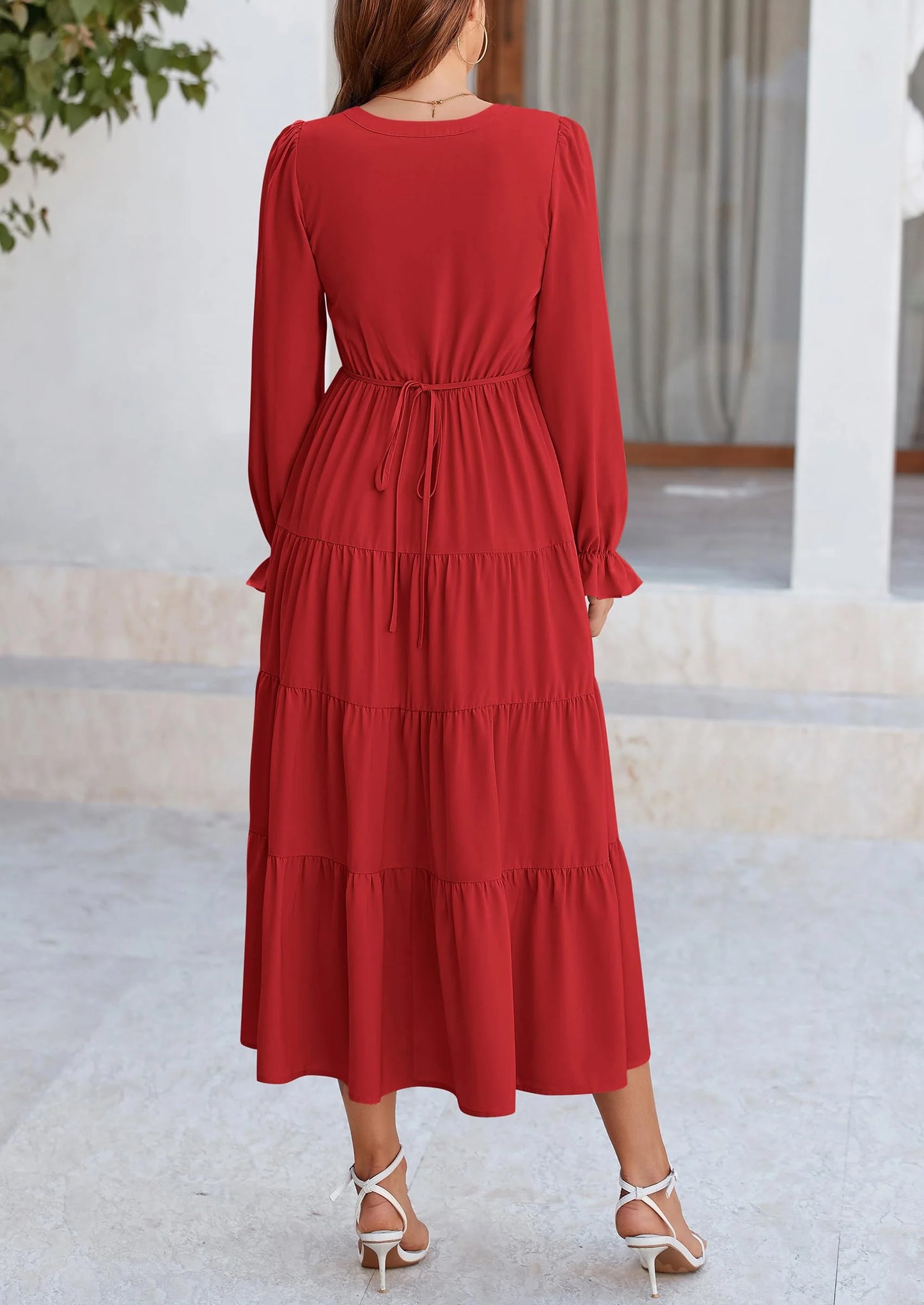 Women Fall Long Sleeve Smocked Maxi Dress Casual Square Neck Swiss Dot Tiered Ruffle Flowy Spring Pocket Dresses