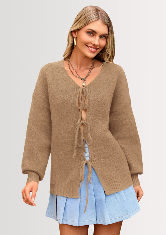 Women's Tie Front Bow Cardigan Sweaters Chunky Knit Long Puff Sleeve Trendy Fall Winter Jacket Coats
