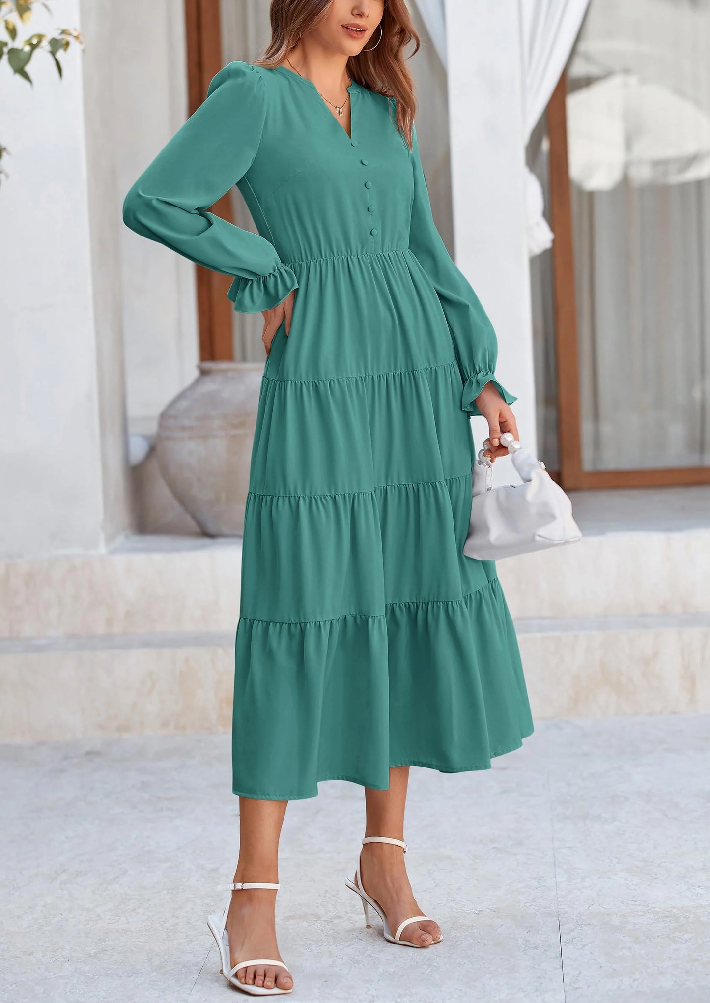 Women Fall Long Sleeve Smocked Maxi Dress Casual Square Neck Swiss Dot Tiered Ruffle Flowy Spring Pocket Dresses