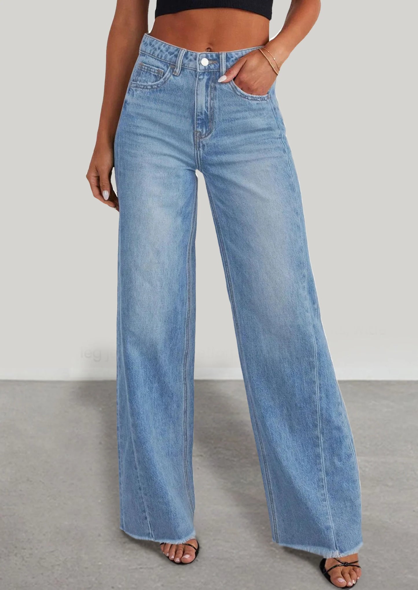 Wide Leg Jeans for Women Trendy High Waisted Stretchy Baggy Raw Hem Denim Palazzo Pants with Pockets