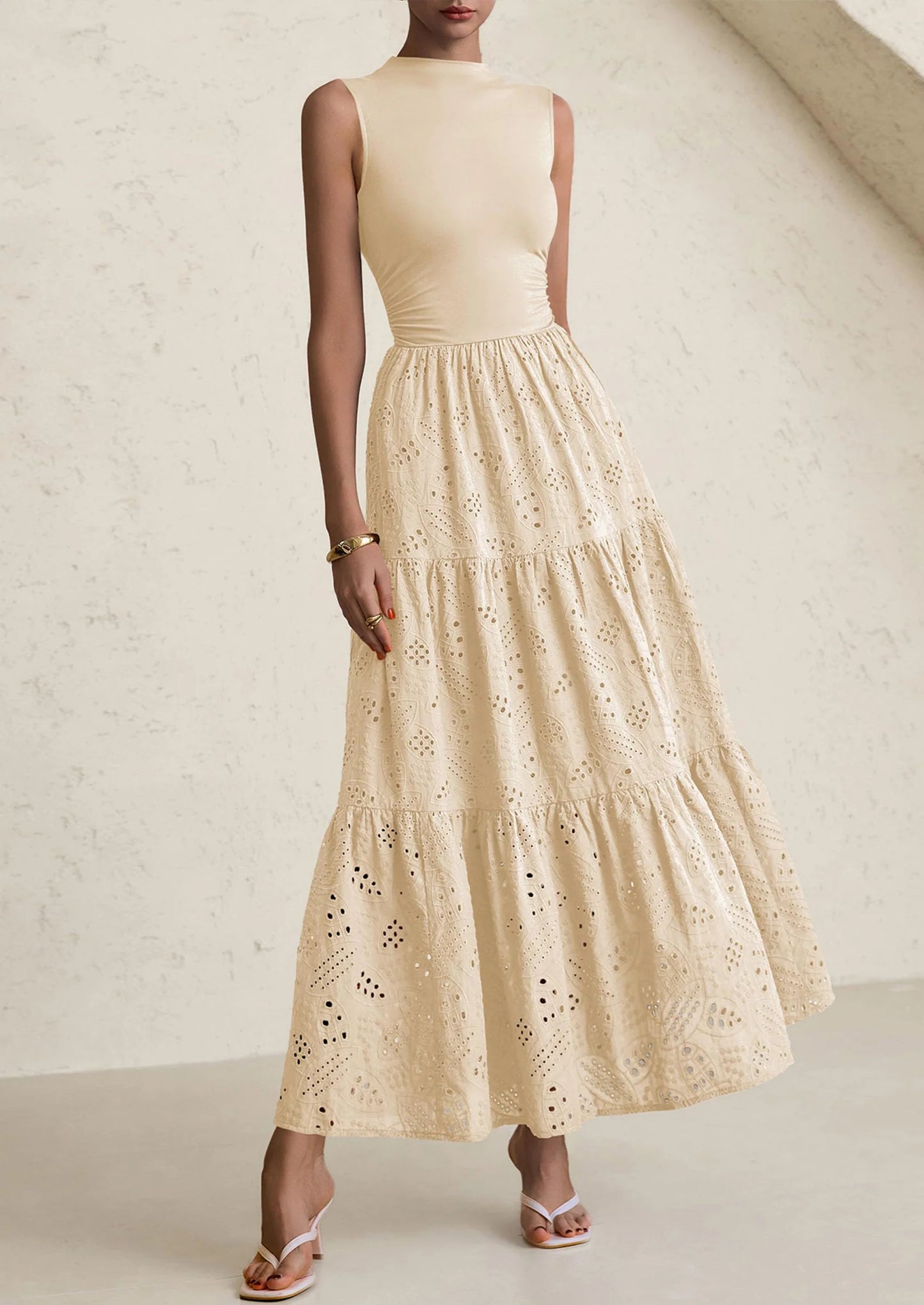 Dresses for Women Casual Eyelet Sleeveless Wedding Guest Maxi Dress Tank Top Sundress with Pockets