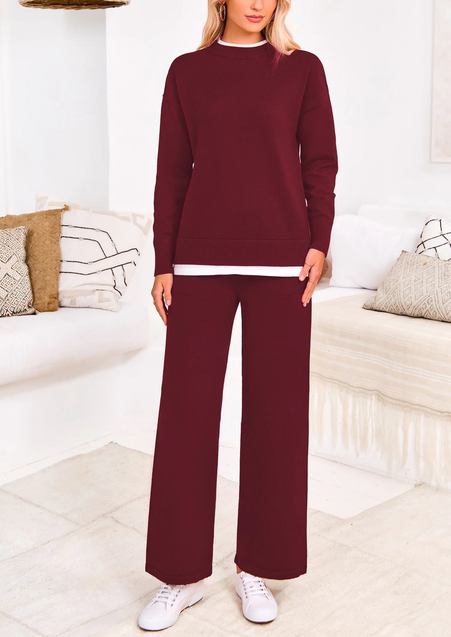 Two Piece Matching Sweater Lounge Sets Knit Long Sleeve Pullover Tops Wide Leg Pants